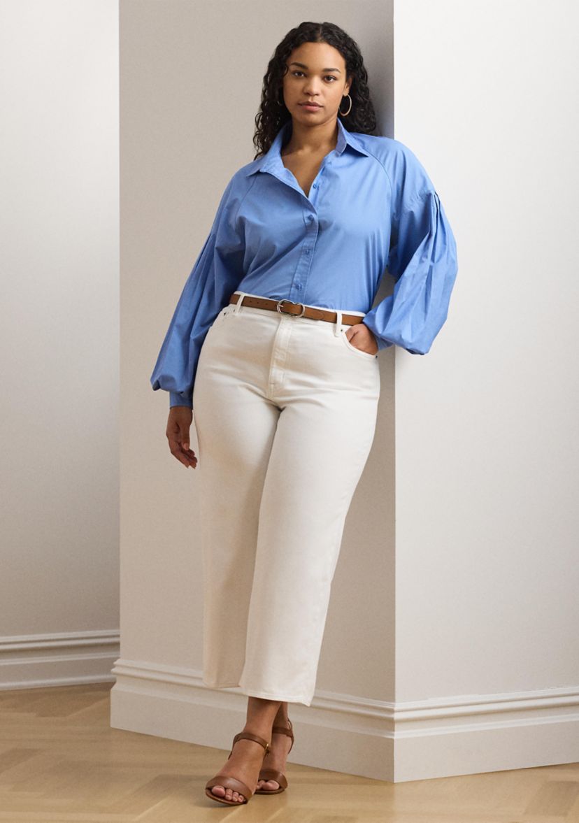 Plus Size Cotton Poplin Blouson Sleeve Shirt