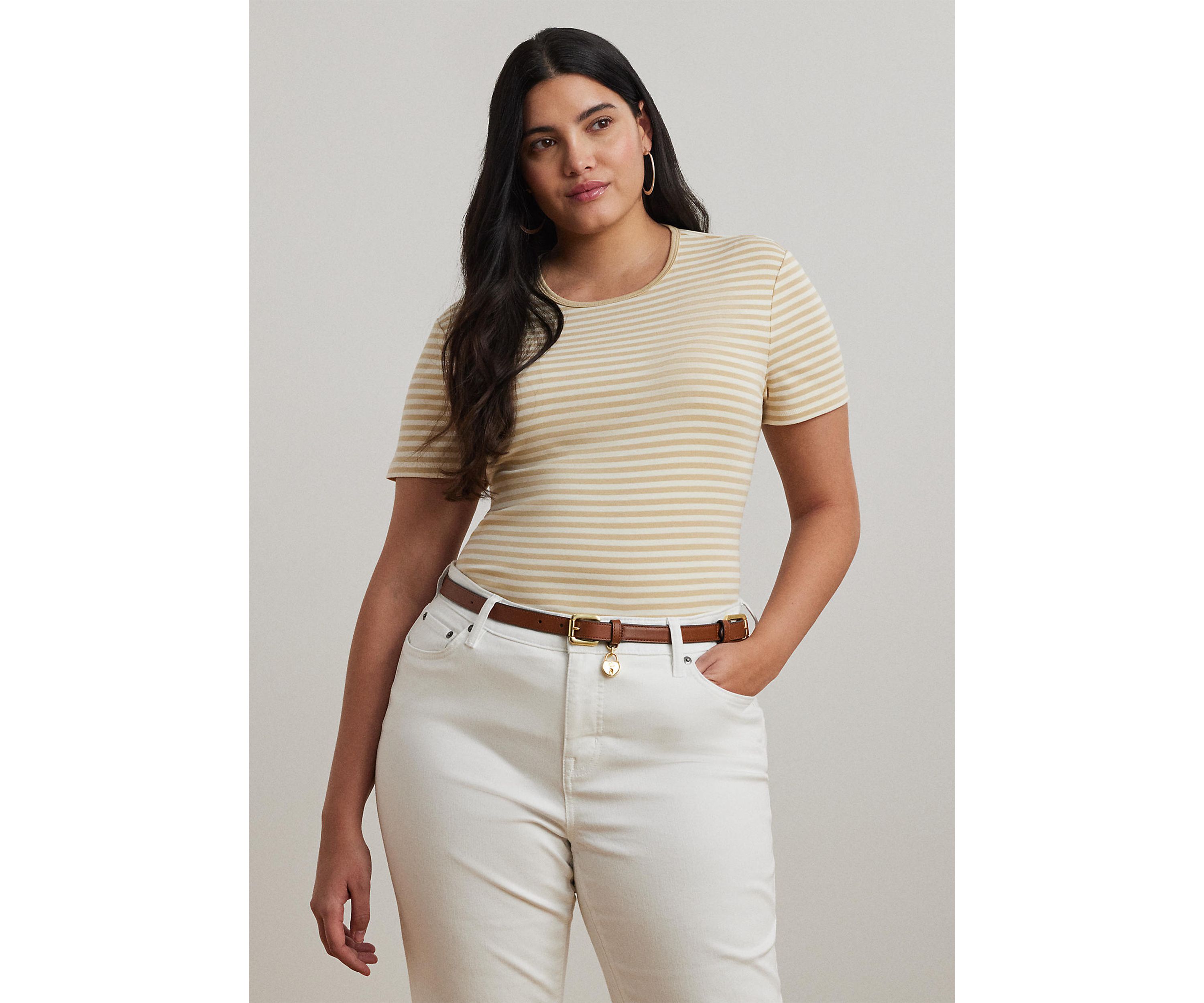 Plus Size Striped Stretch Cotton Crew Neck T-Shirt