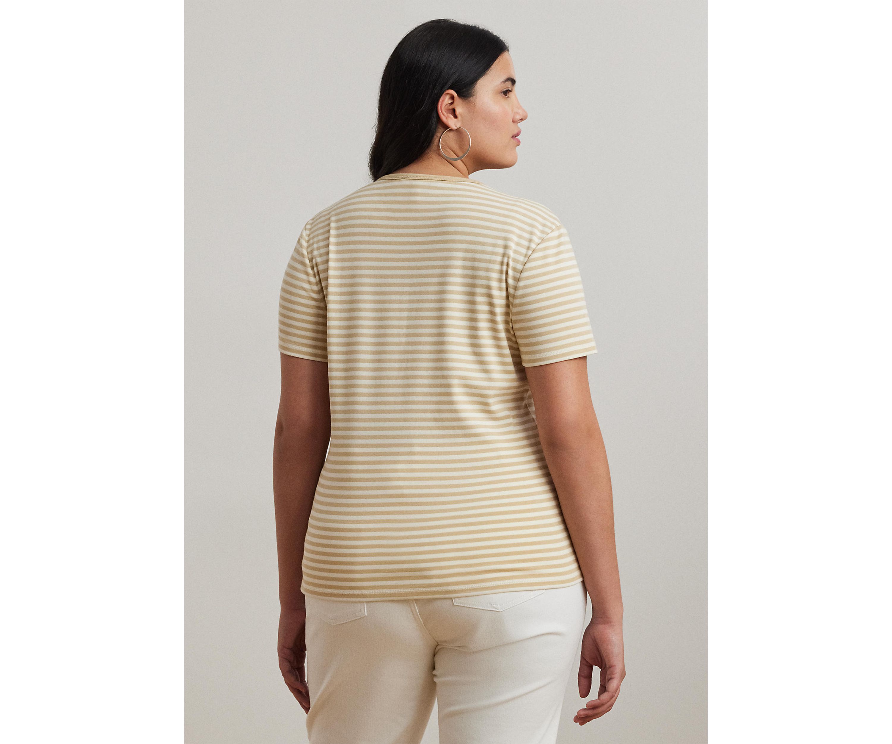 Plus Size Striped Stretch Cotton Crew Neck T-Shirt