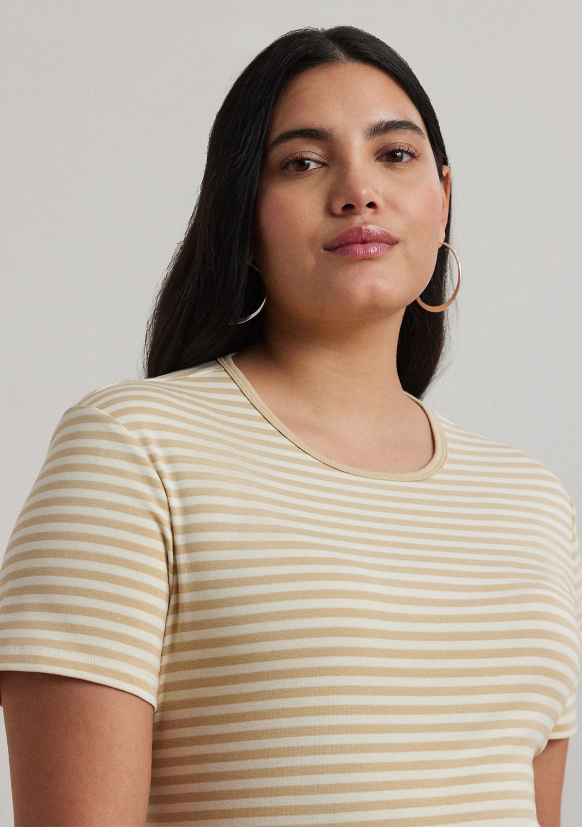 Plus Size Striped Stretch Cotton Crew Neck T-Shirt