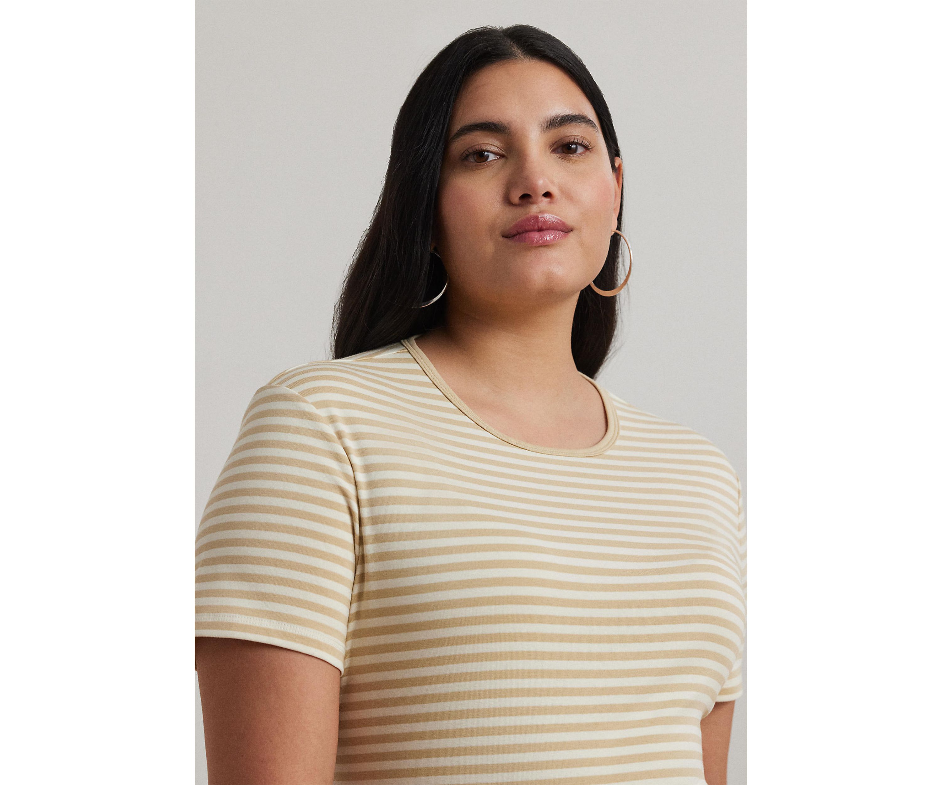 Plus Size Striped Stretch Cotton Crew Neck T-Shirt