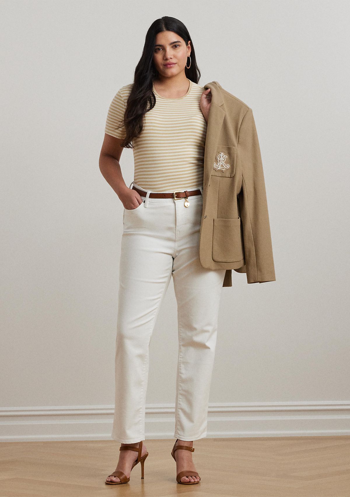Plus Size Striped Stretch Cotton Crew Neck T-Shirt