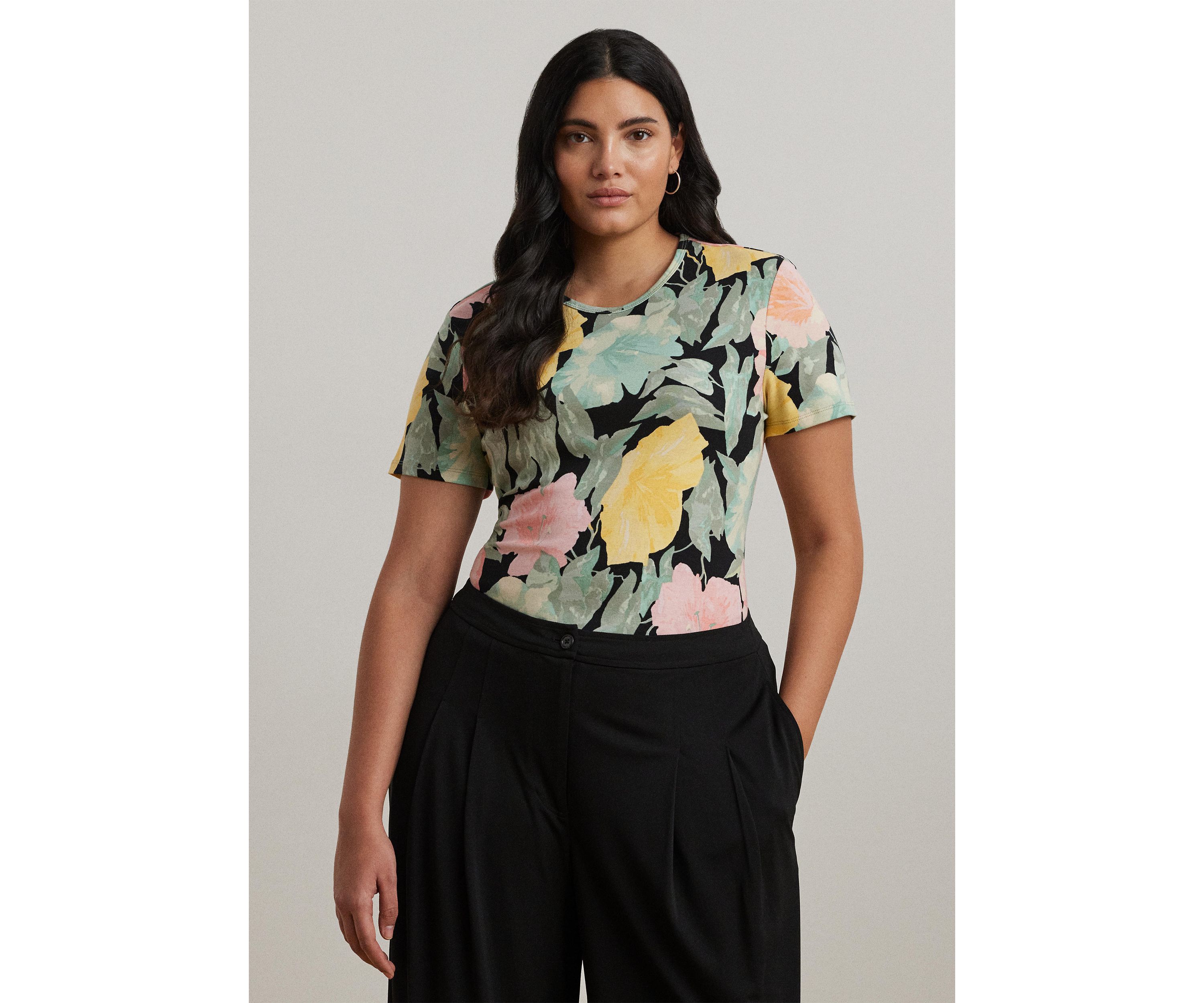 Plus Size Floral Stretch Cotton Crew Neck T-Shirt