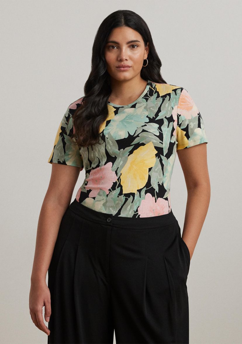 Plus Size Floral Stretch Cotton Crew Neck T-Shirt