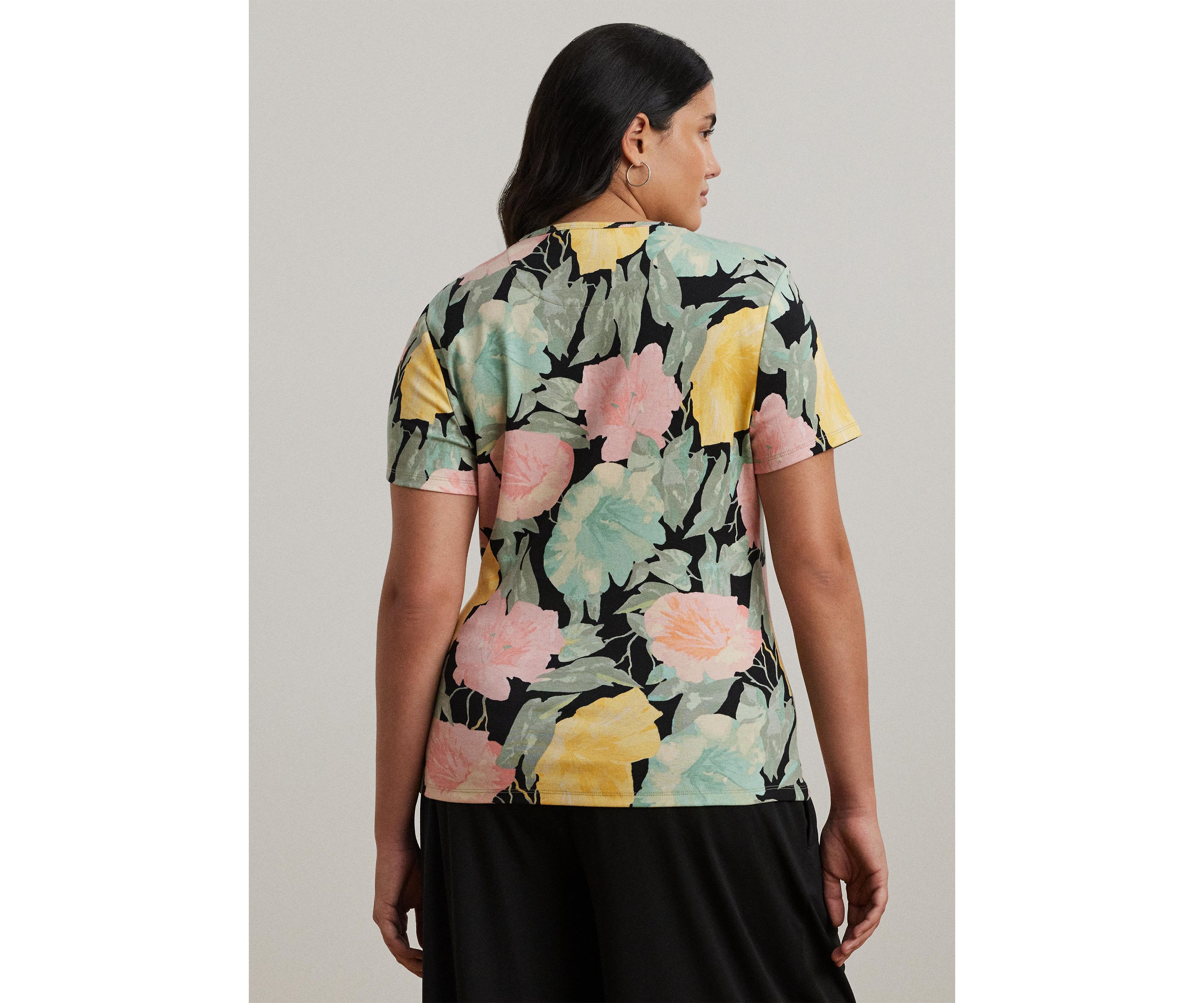 Plus Size Floral Stretch Cotton Crew Neck T-Shirt