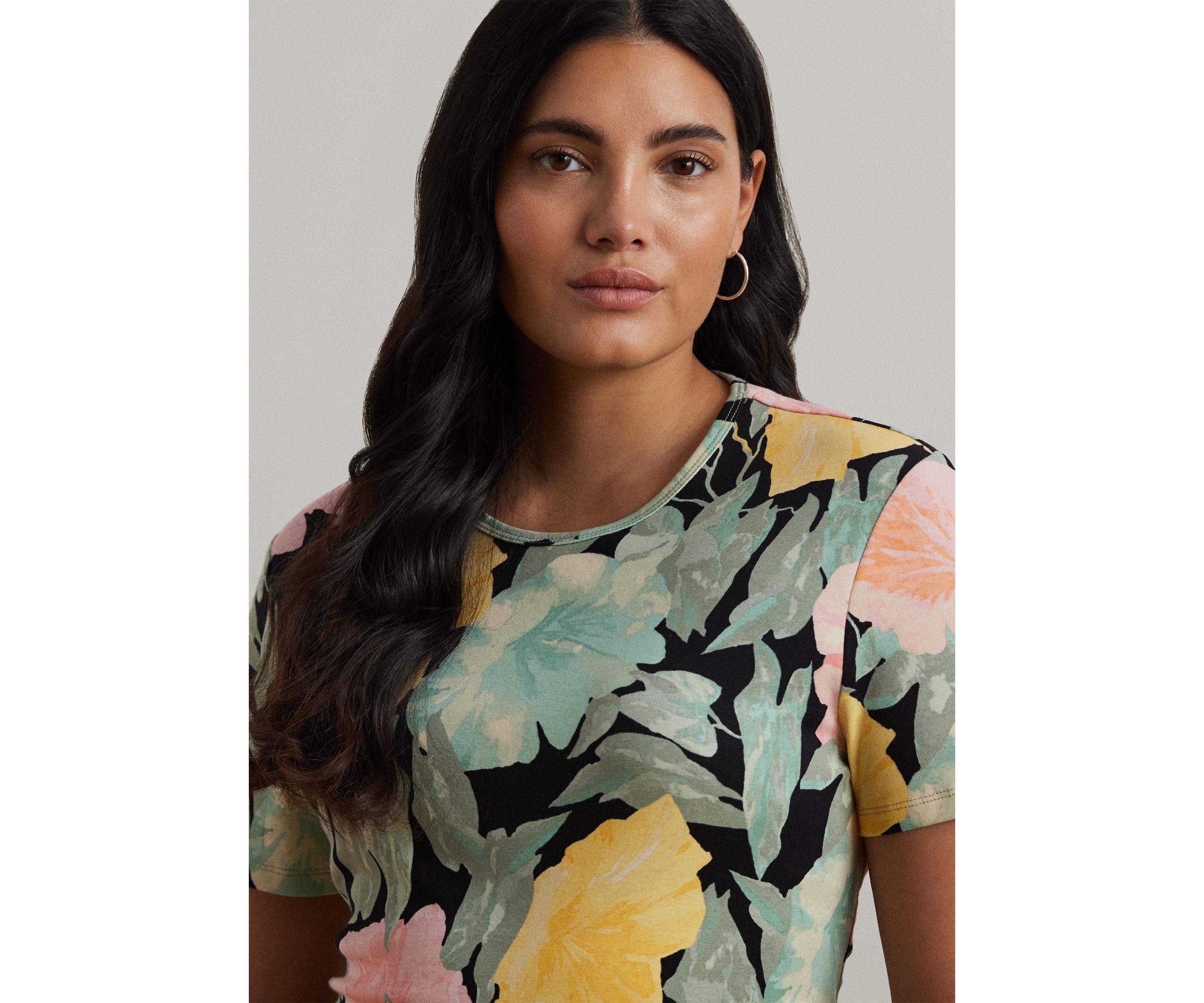 Plus Size Floral Stretch Cotton Crew Neck T-Shirt