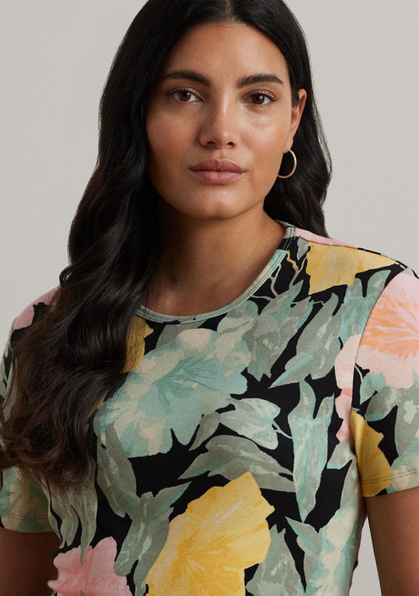 Plus Size Floral Stretch Cotton Crew Neck T-Shirt