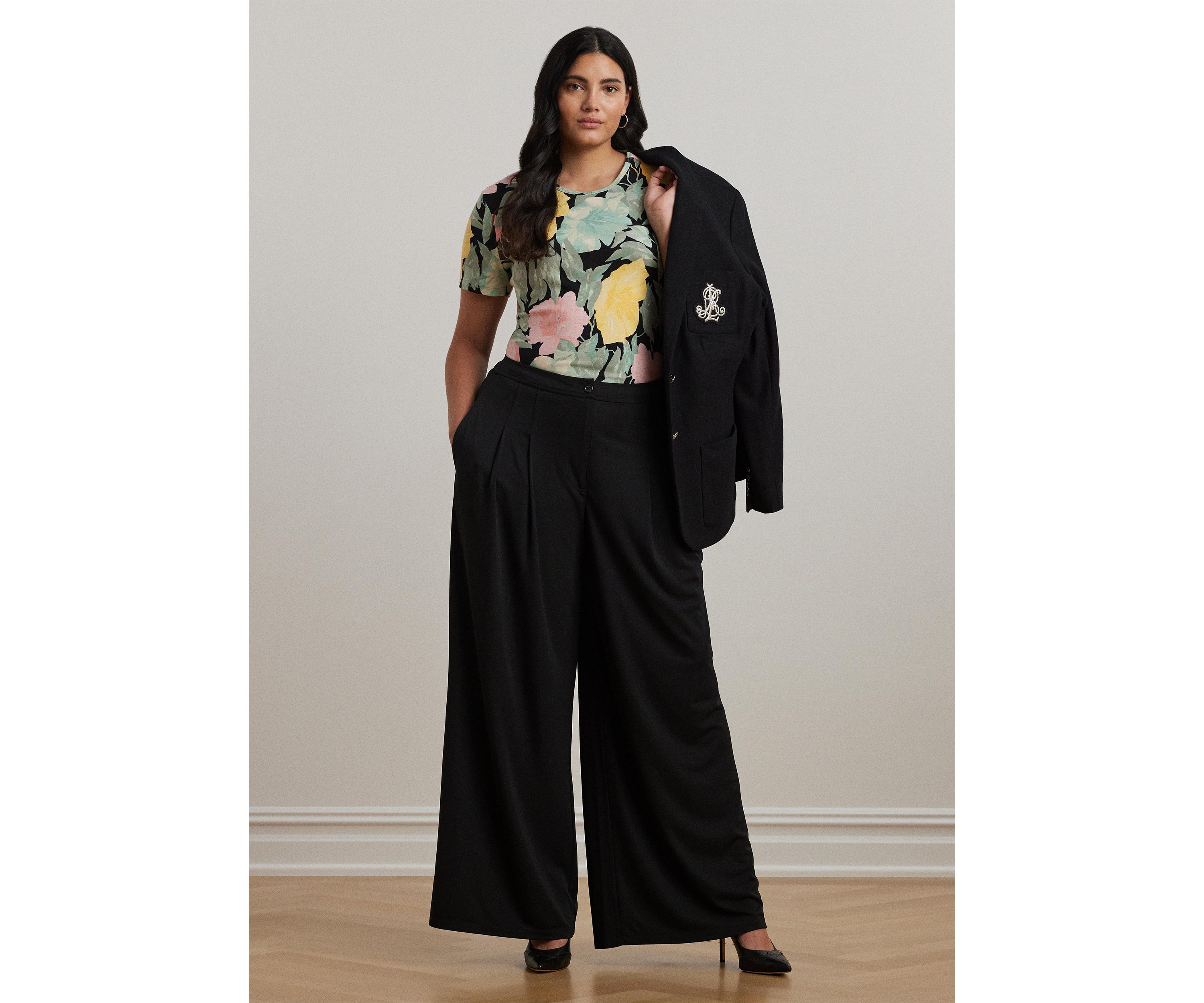 Plus Size Floral Stretch Cotton Crew Neck T-Shirt
