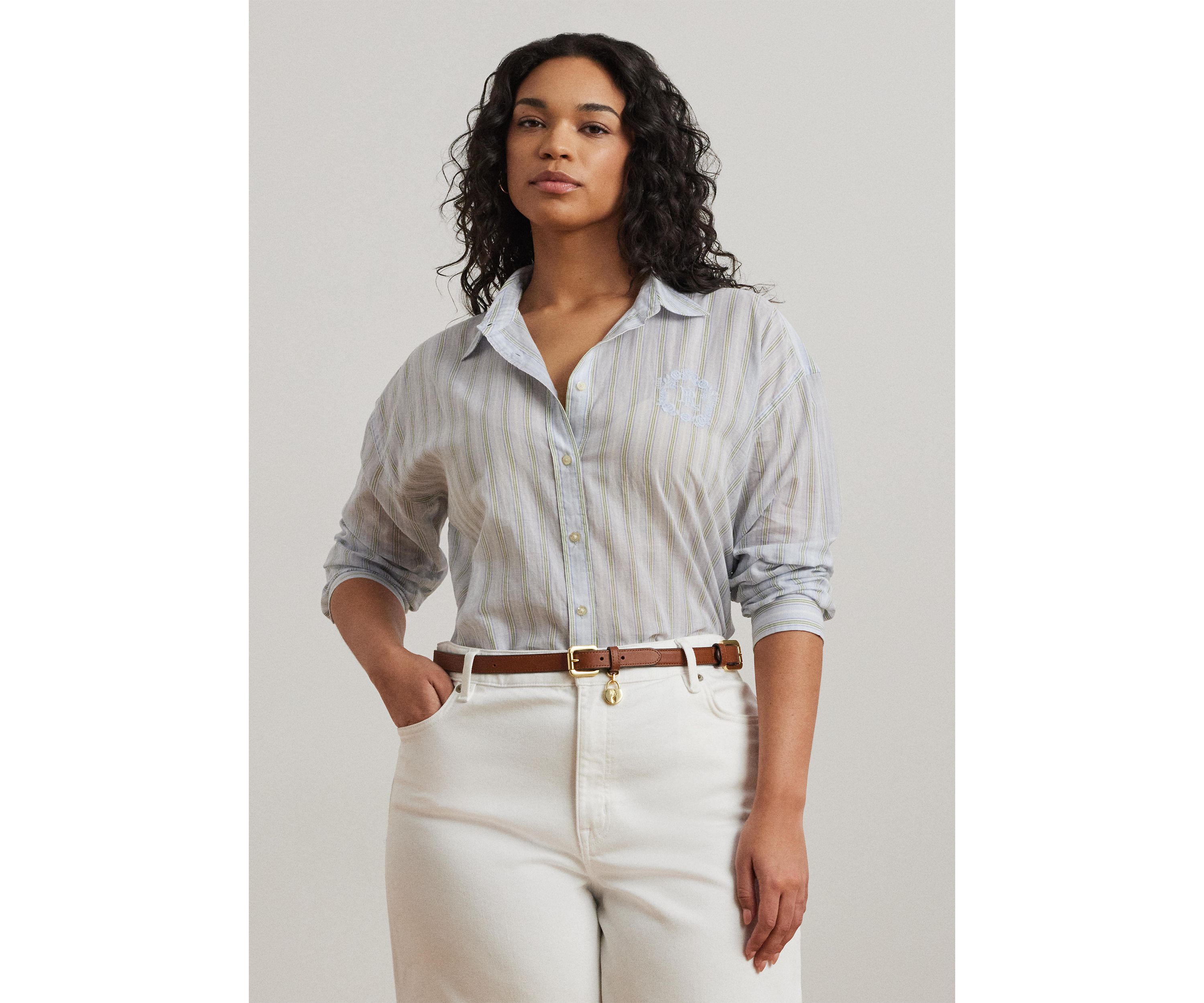 Plus Size Oversize Striped Cotton Voile Shirt