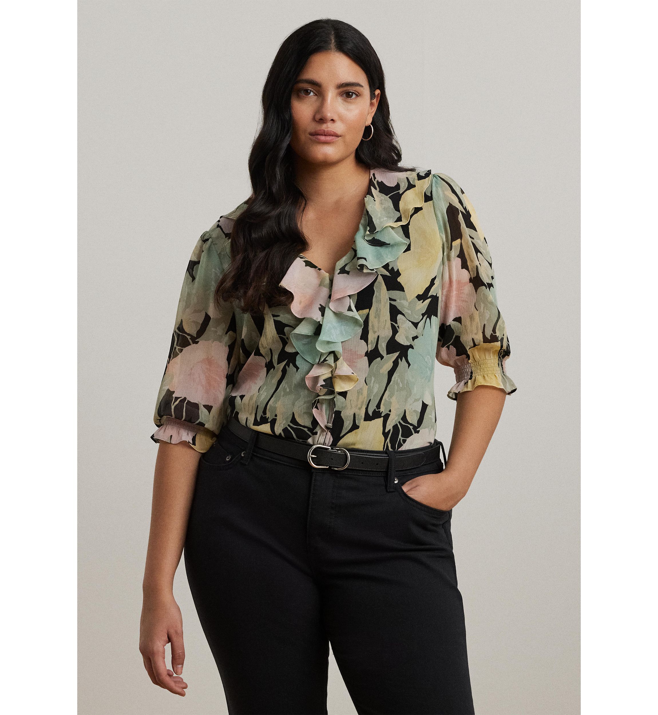 Plus Size Floral Georgette Ruffle Trim Blouse