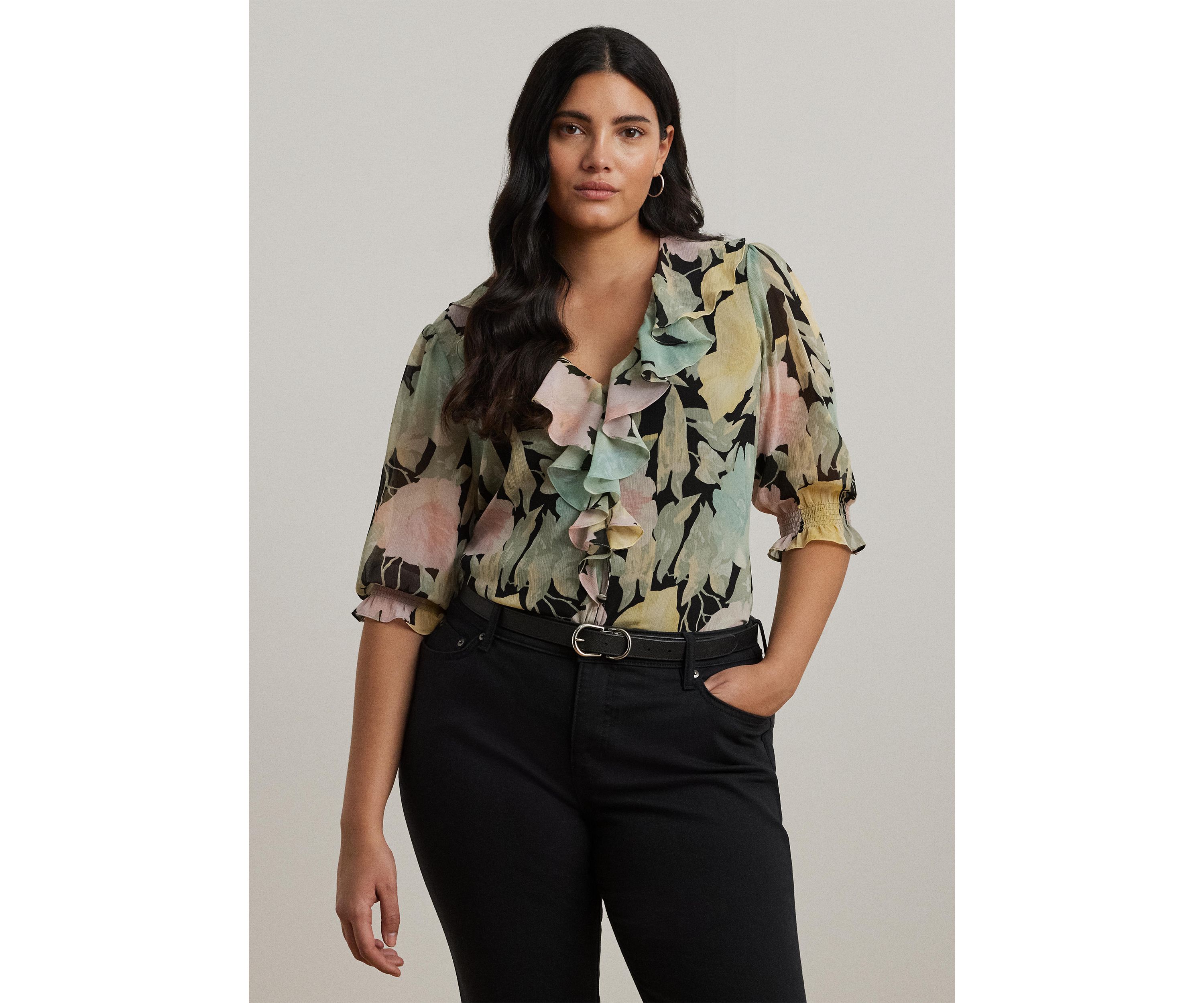 Plus Size Floral Georgette Ruffle Trim Blouse