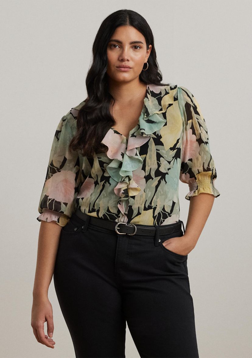 Plus Size Floral Georgette Ruffle Trim Blouse