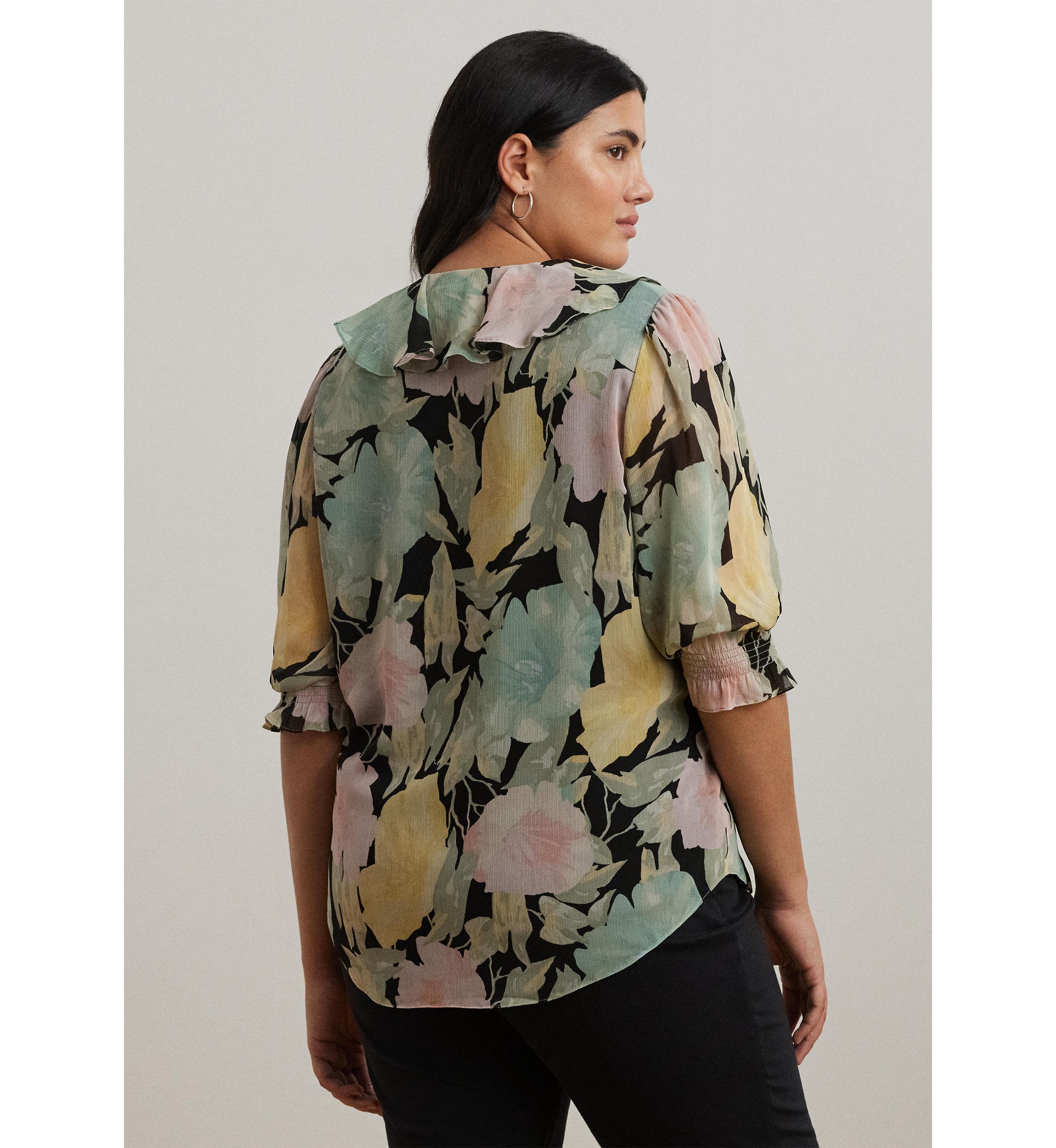 Plus Size Floral Georgette Ruffle Trim Blouse