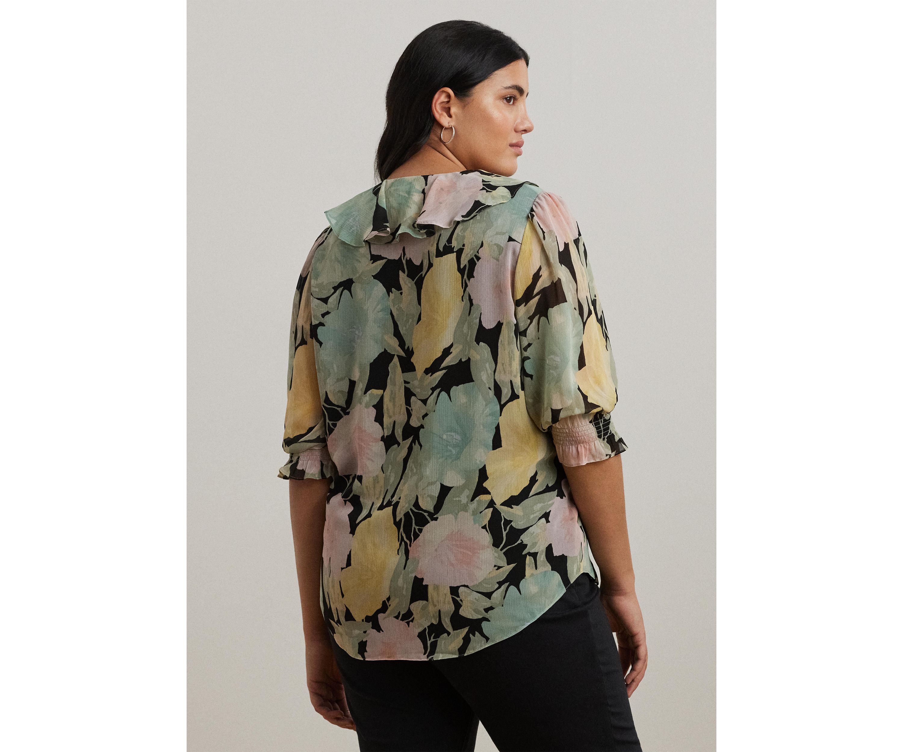 Plus Size Floral Georgette Ruffle Trim Blouse