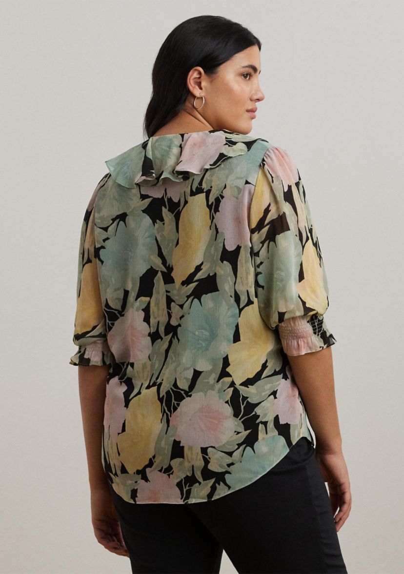 Plus Size Floral Georgette Ruffle Trim Blouse