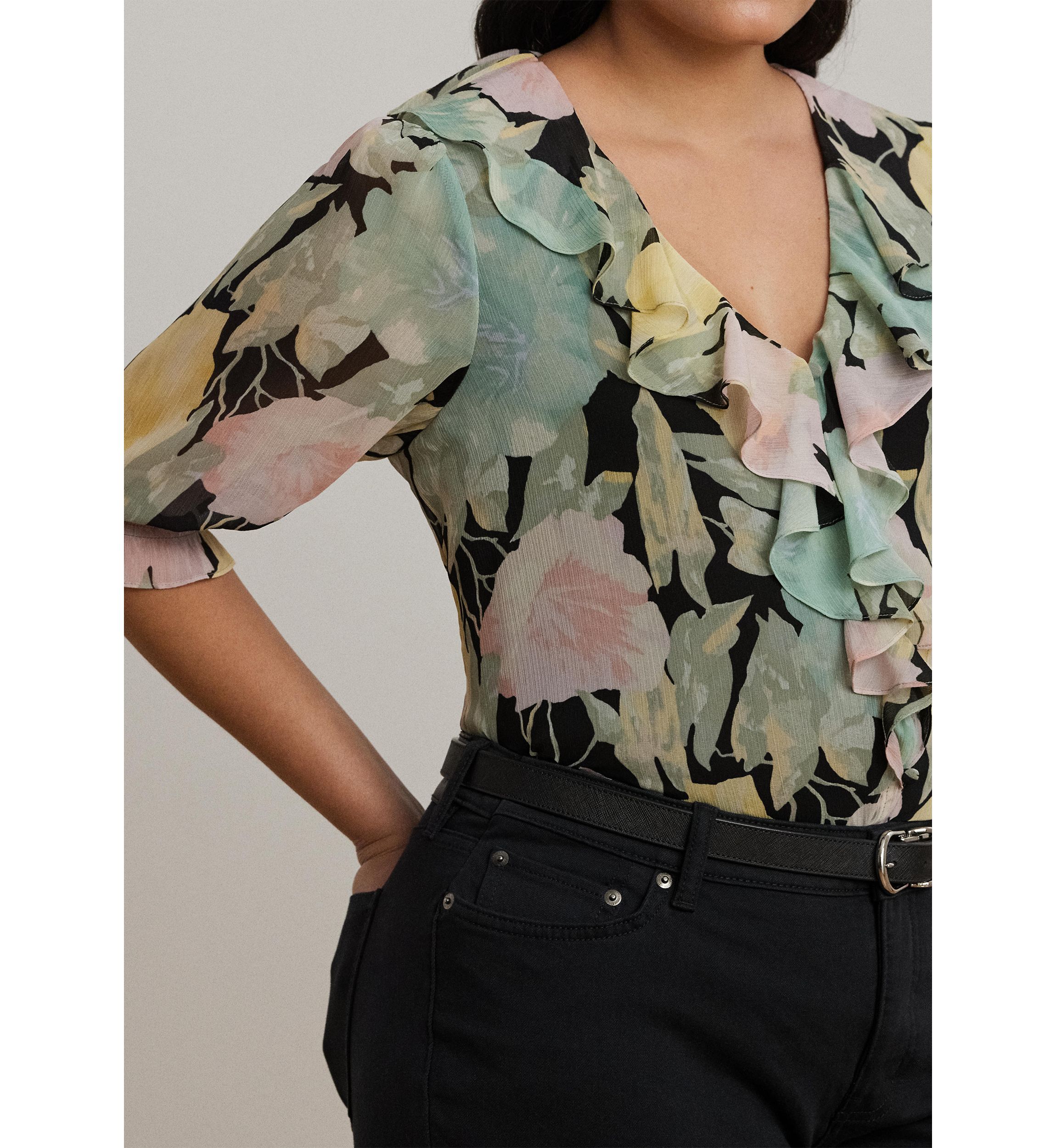 Plus Size Floral Georgette Ruffle Trim Blouse