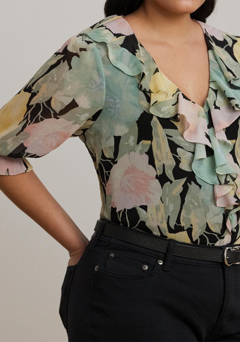 Plus Size Floral Georgette Ruffle Trim Blouse