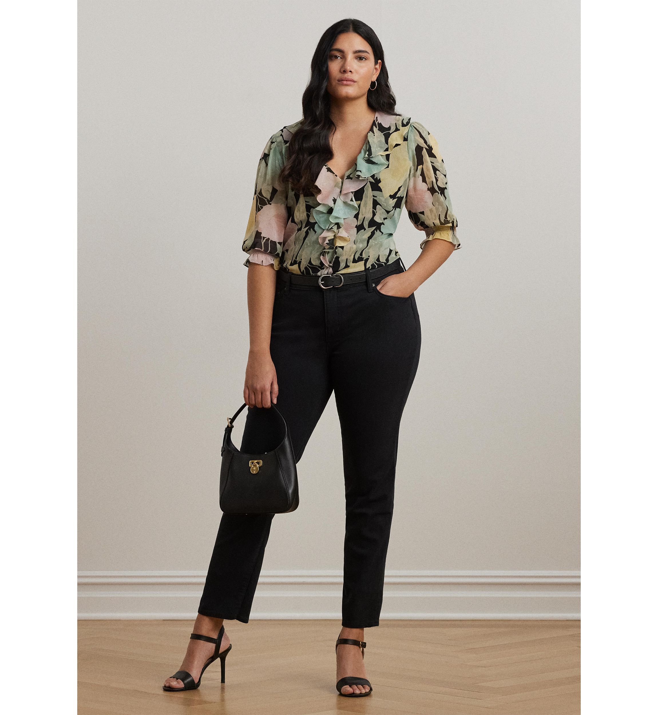 Plus Size Floral Georgette Ruffle Trim Blouse