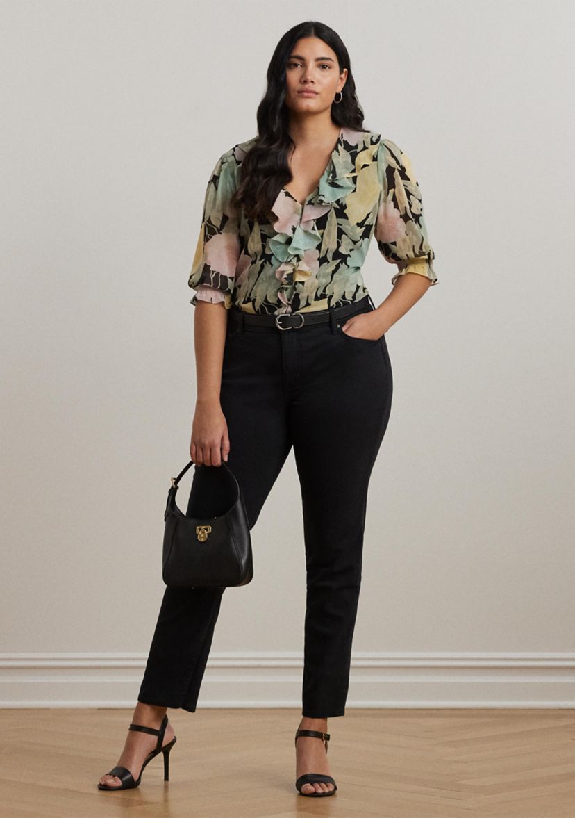Plus Size Floral Georgette Ruffle Trim Blouse