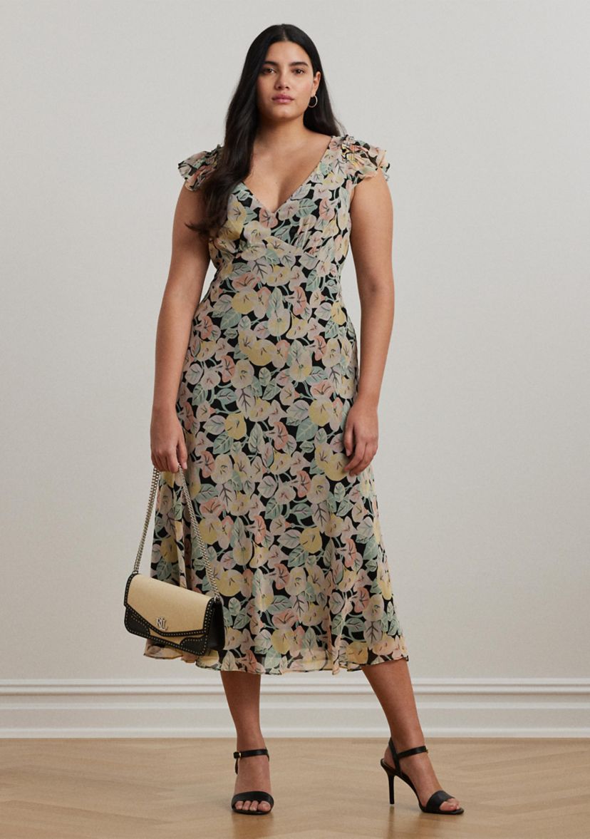 Plus Size Floral Georgette Flutter Sleeve Dress