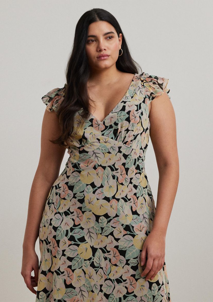 Plus Size Floral Georgette Flutter Sleeve Dress