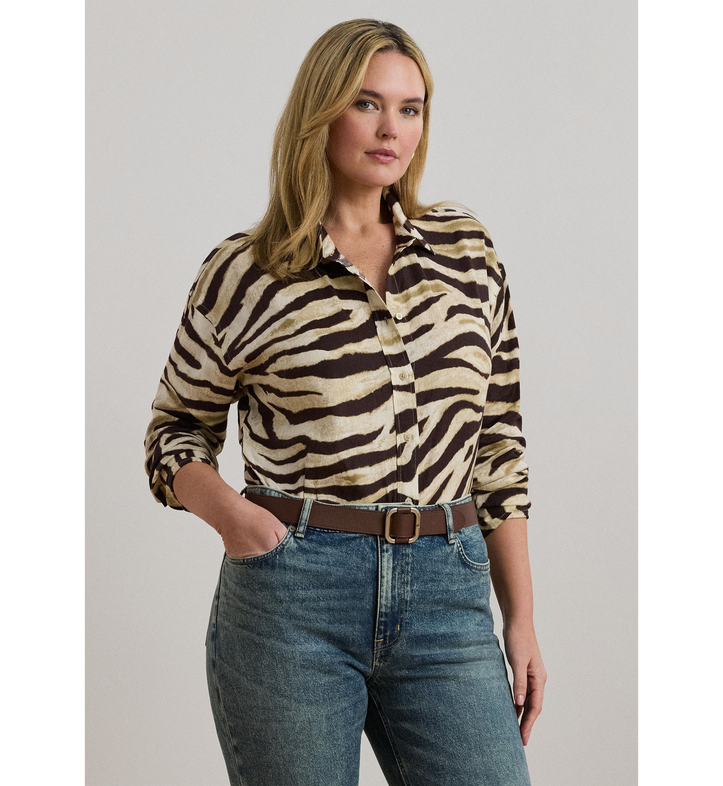 Plus Size Relaxed Fit Zebra-Print Linen Shirt