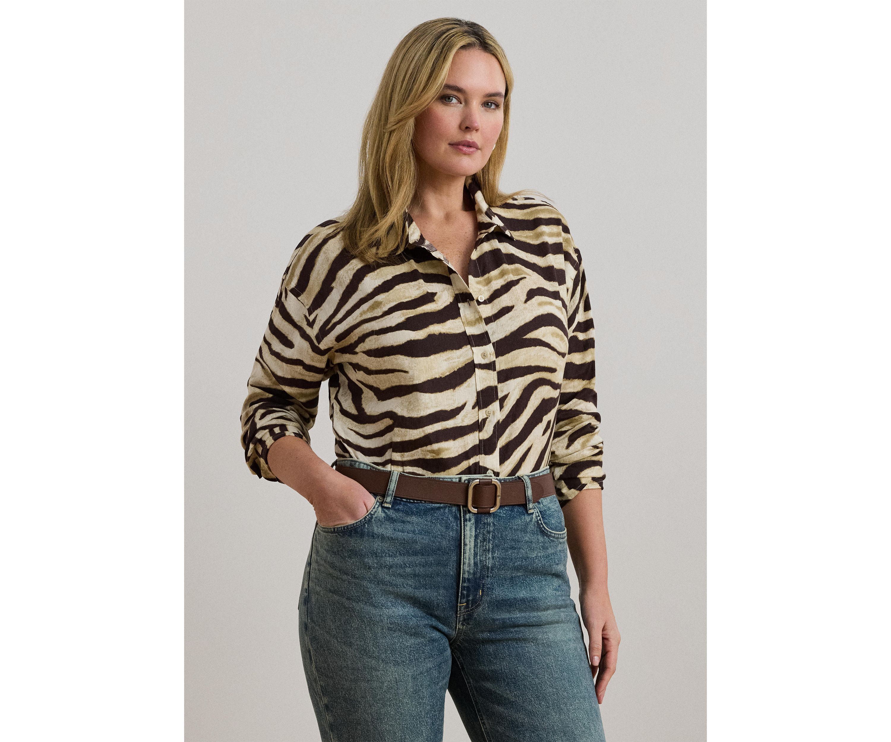 Plus Size Relaxed Fit Zebra-Print Linen Shirt