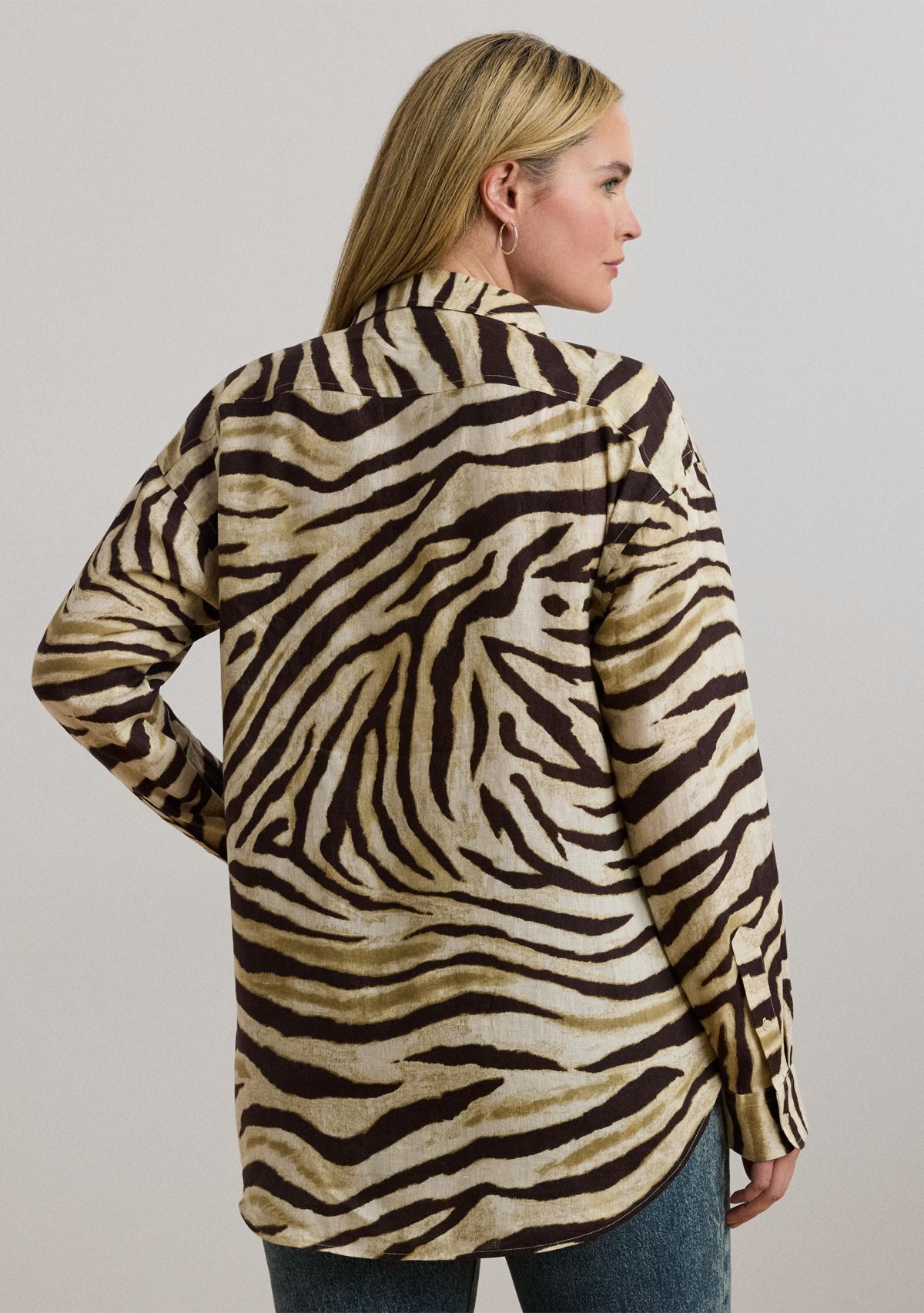 Plus Size Relaxed Fit Zebra-Print Linen Shirt