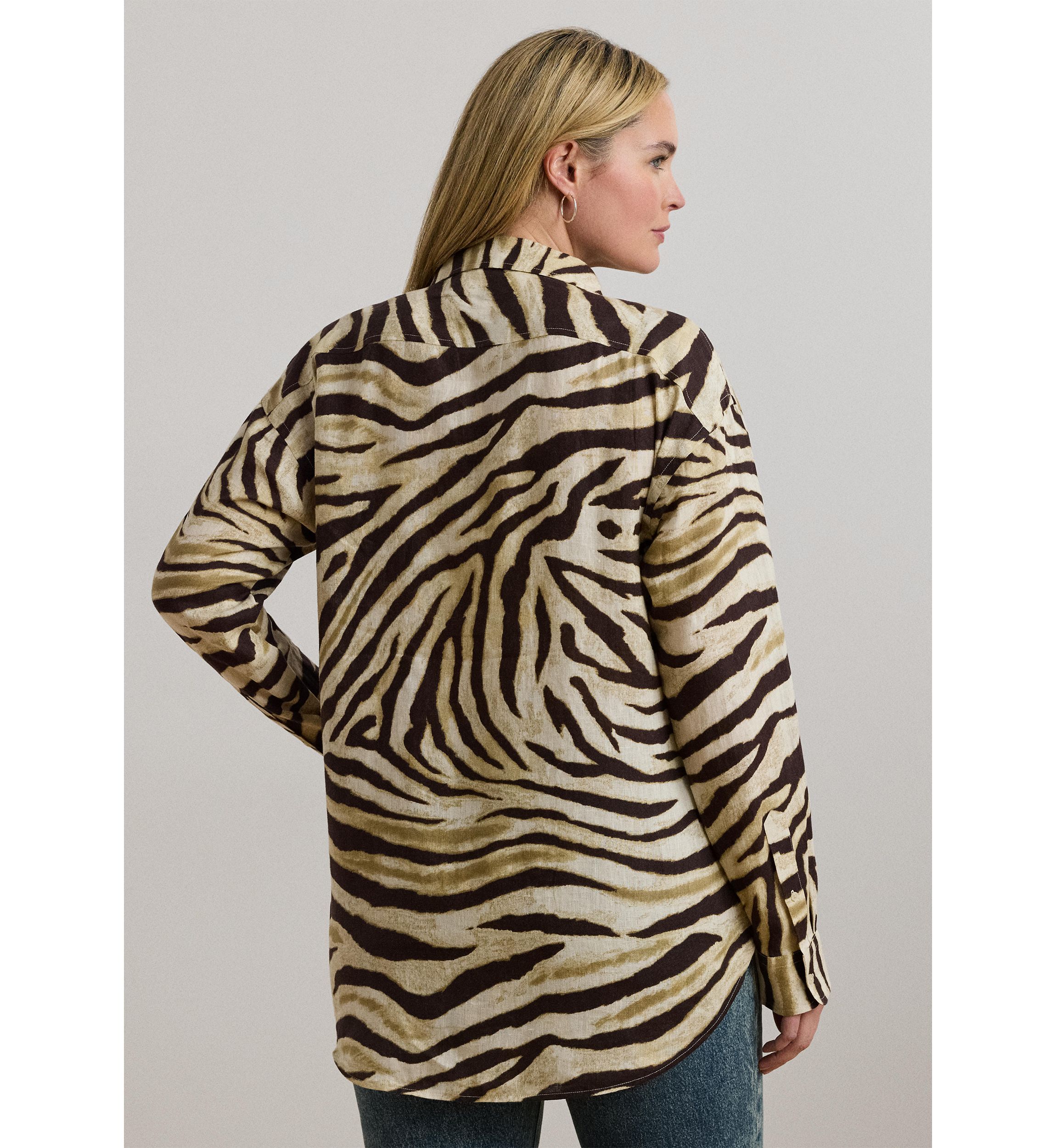 Plus Size Relaxed Fit Zebra-Print Linen Shirt