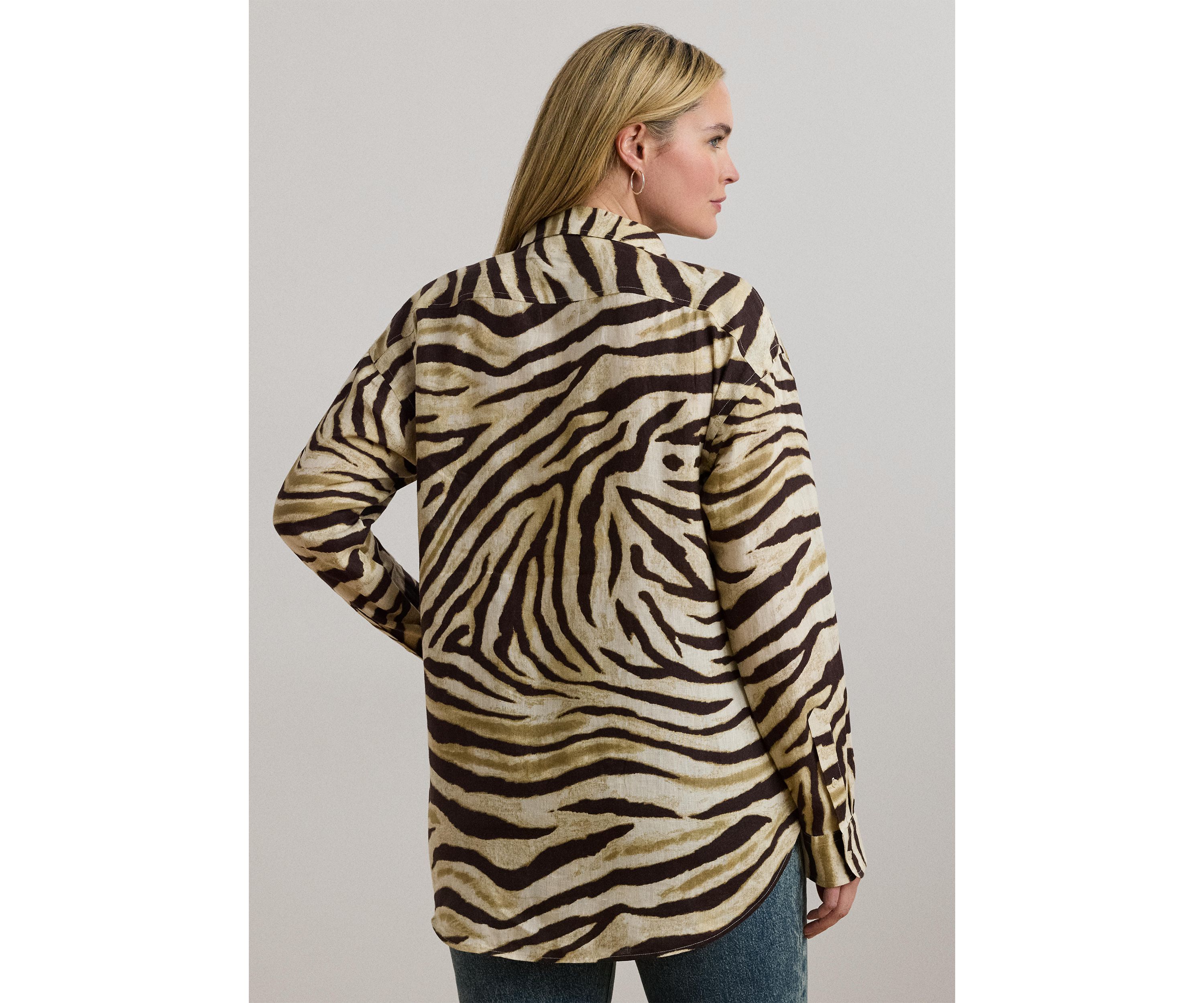 Plus Size Relaxed Fit Zebra-Print Linen Shirt