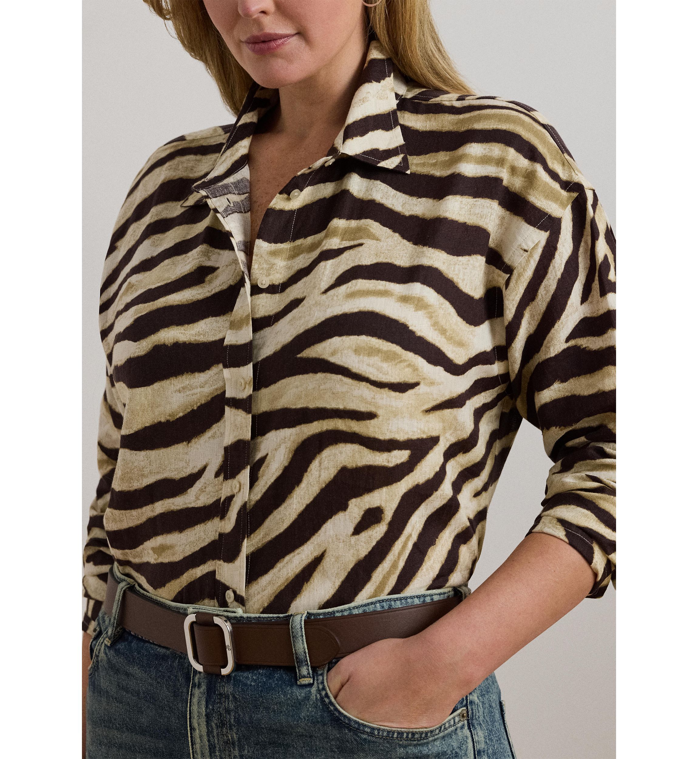 Plus Size Relaxed Fit Zebra-Print Linen Shirt