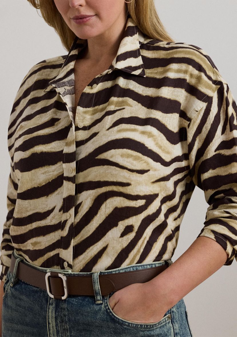 Plus Size Relaxed Fit Zebra-Print Linen Shirt