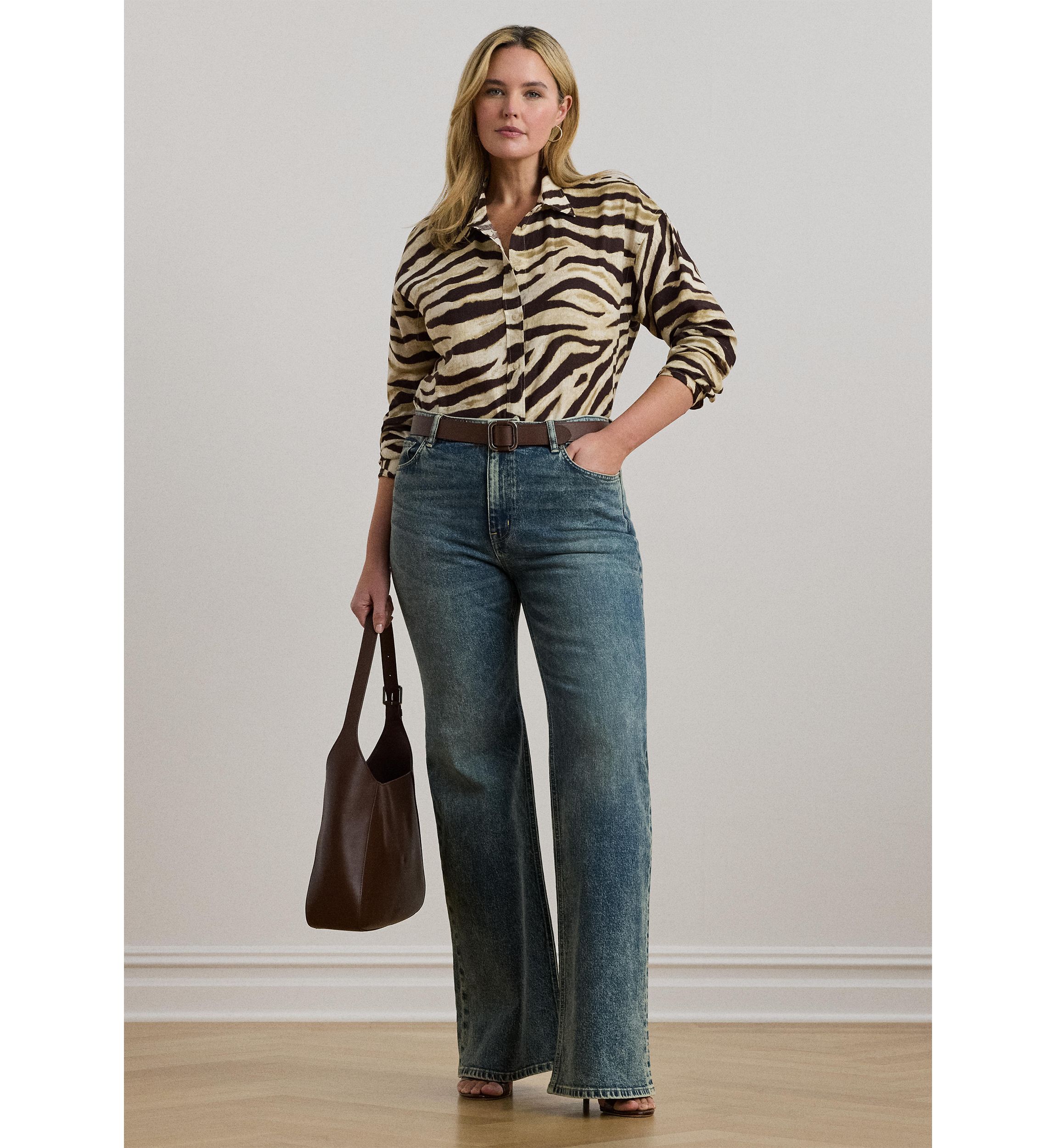 Plus Size Relaxed Fit Zebra-Print Linen Shirt