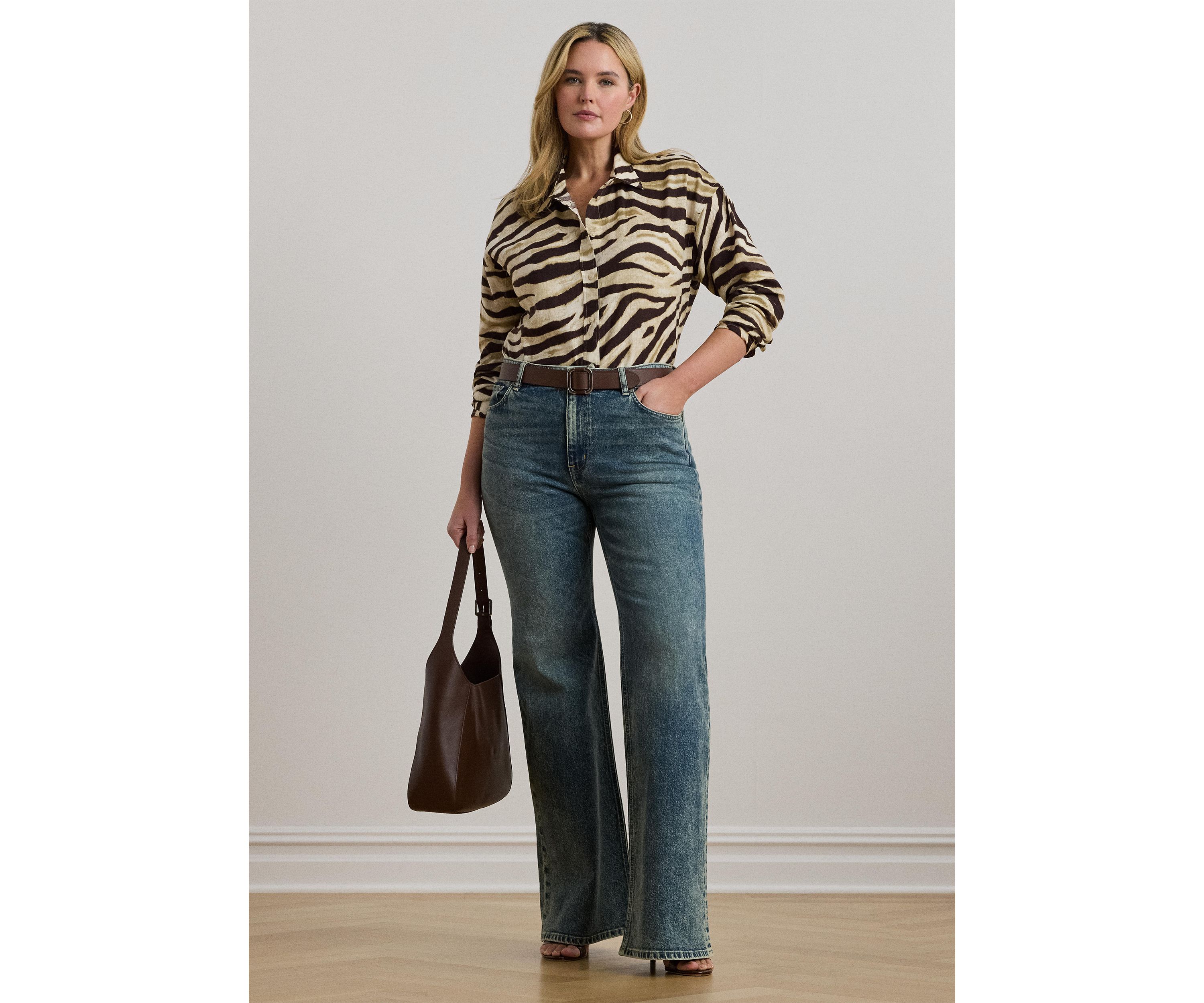 Plus Size Relaxed Fit Zebra-Print Linen Shirt