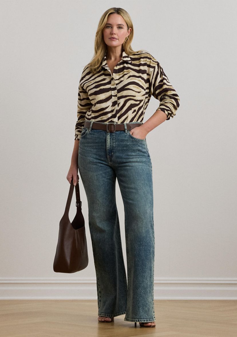 Plus Size Relaxed Fit Zebra-Print Linen Shirt