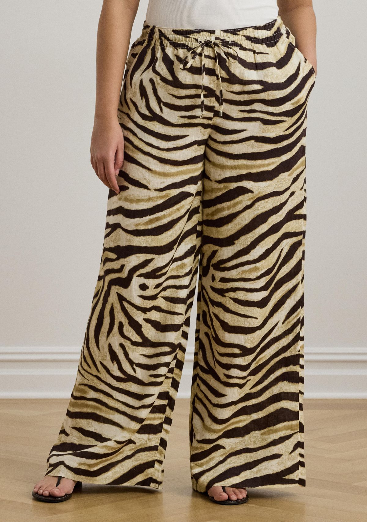Plus Size Zebra-Print Linen Wide-Leg Pant