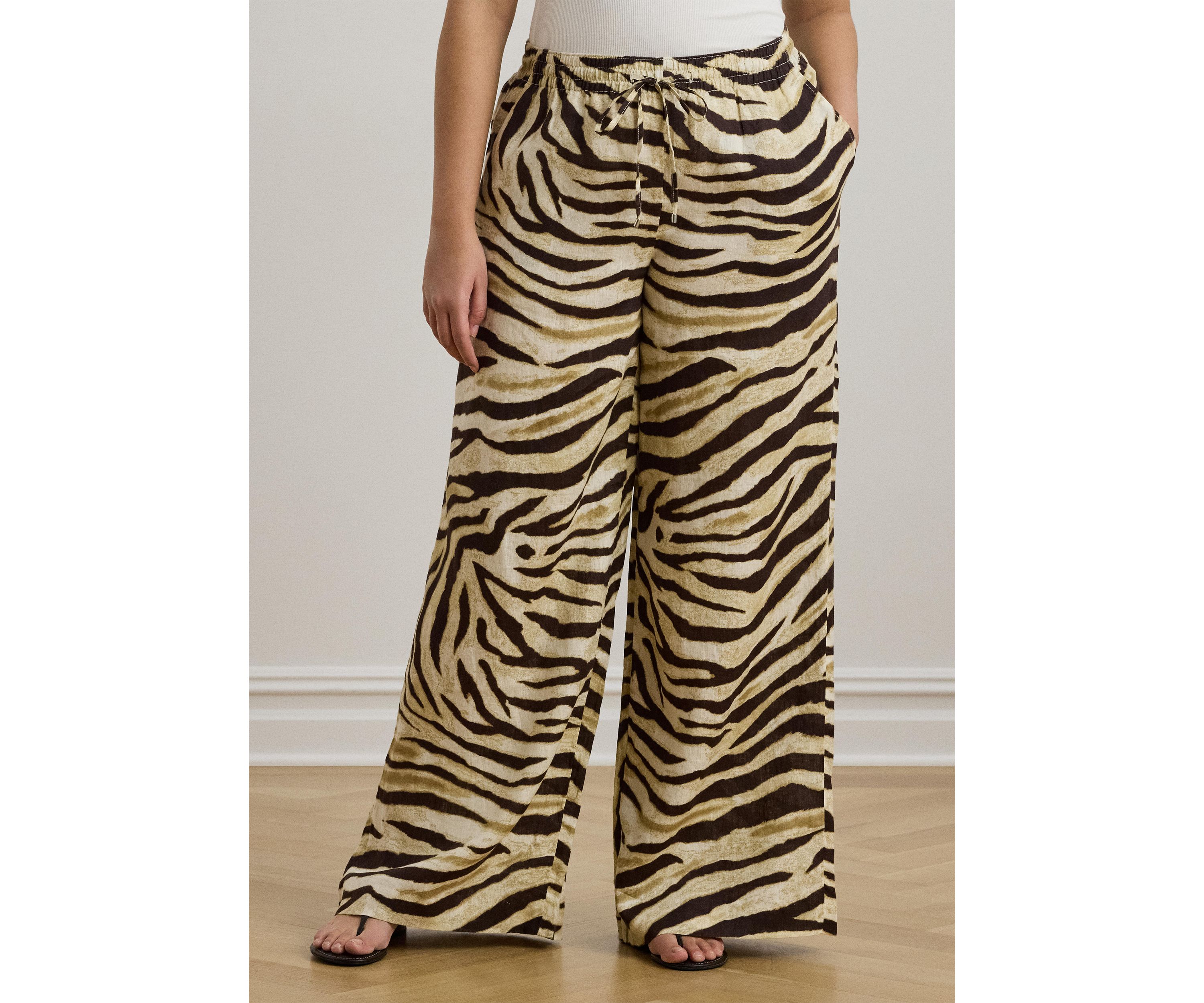 Plus Size Zebra-Print Linen Wide-Leg Pant