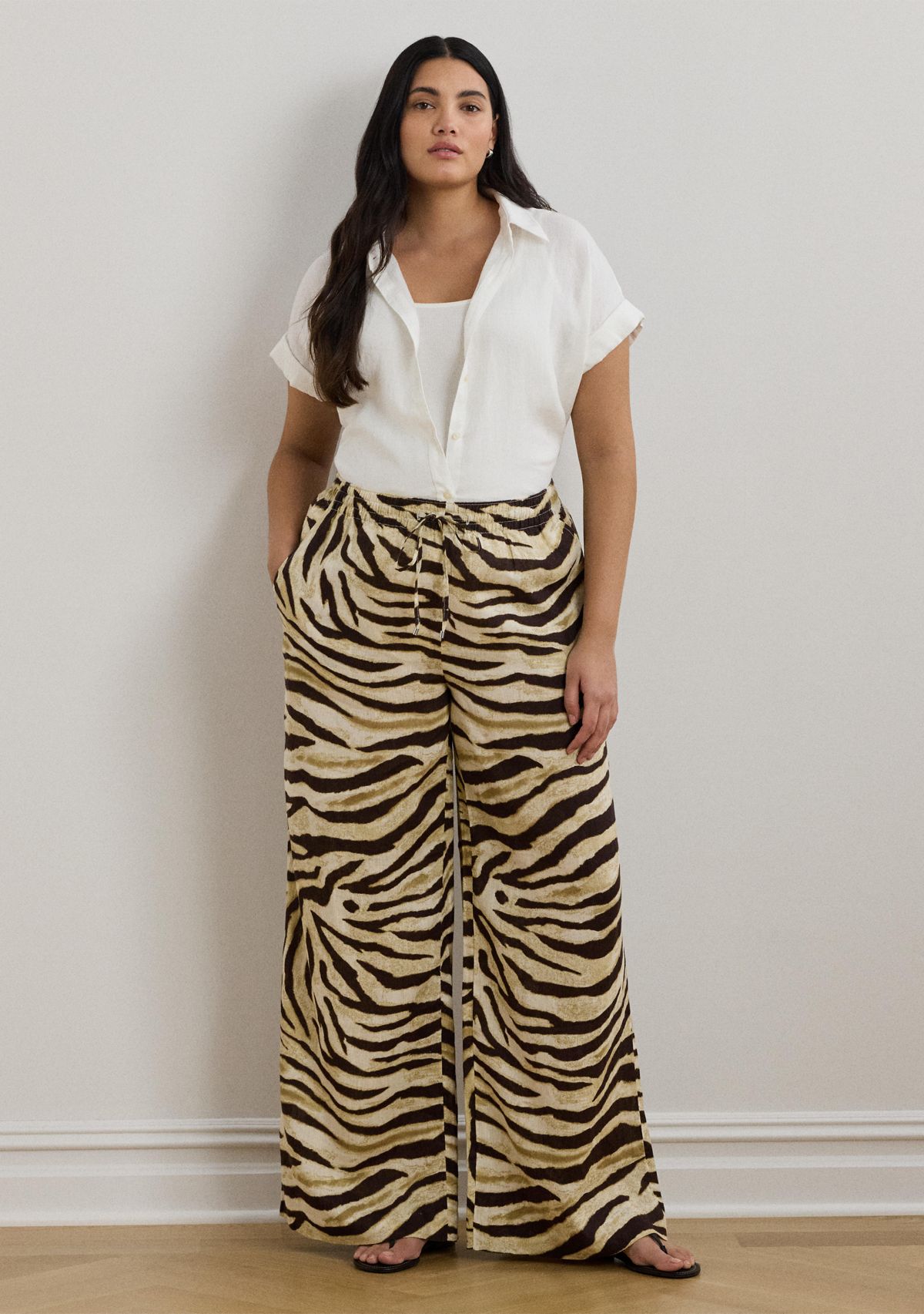 Plus Size Zebra-Print Linen Wide-Leg Pant