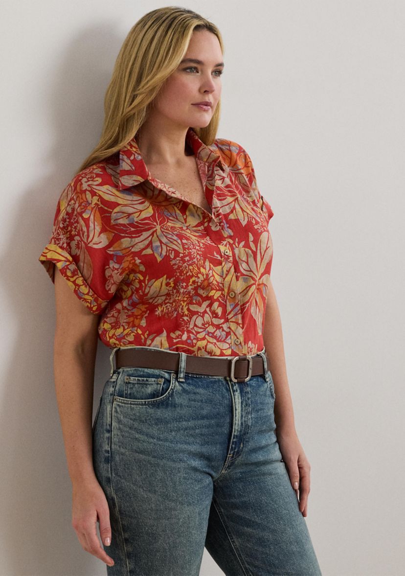 Plus Size Relaxed Fit Floral Short Sleeve Shirt