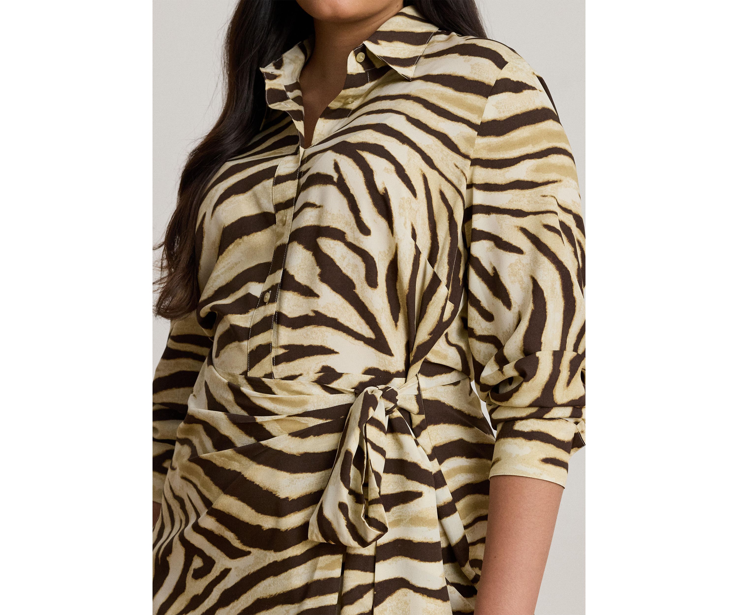 Womens Zebra-Print Tie-Front Crepe Shirtdress