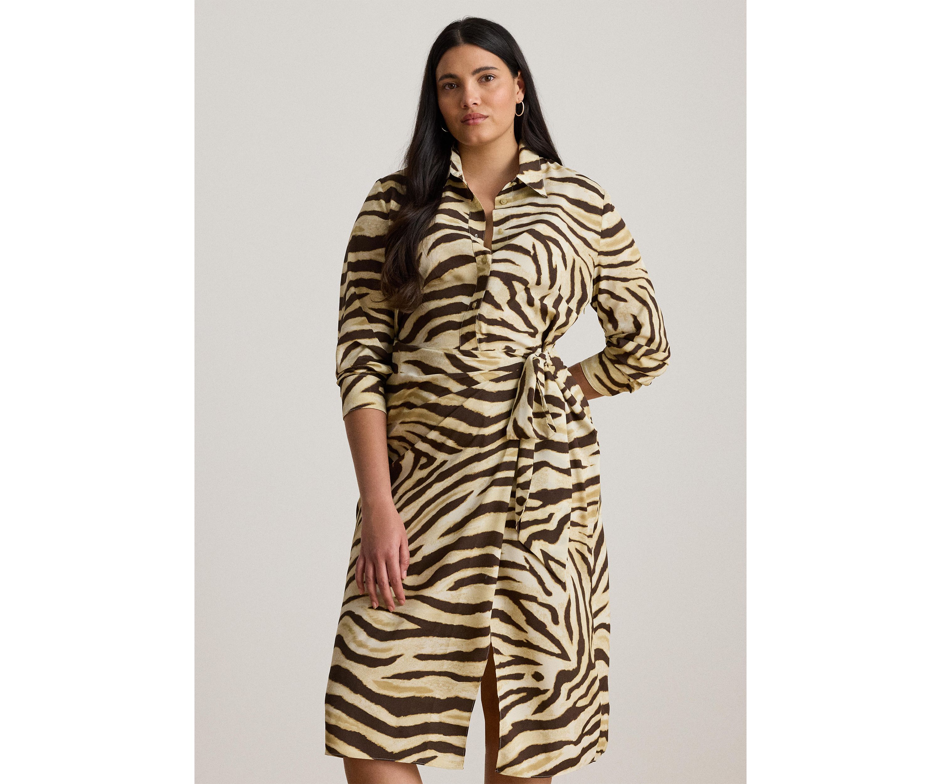 Womens Zebra-Print Tie-Front Crepe Shirtdress