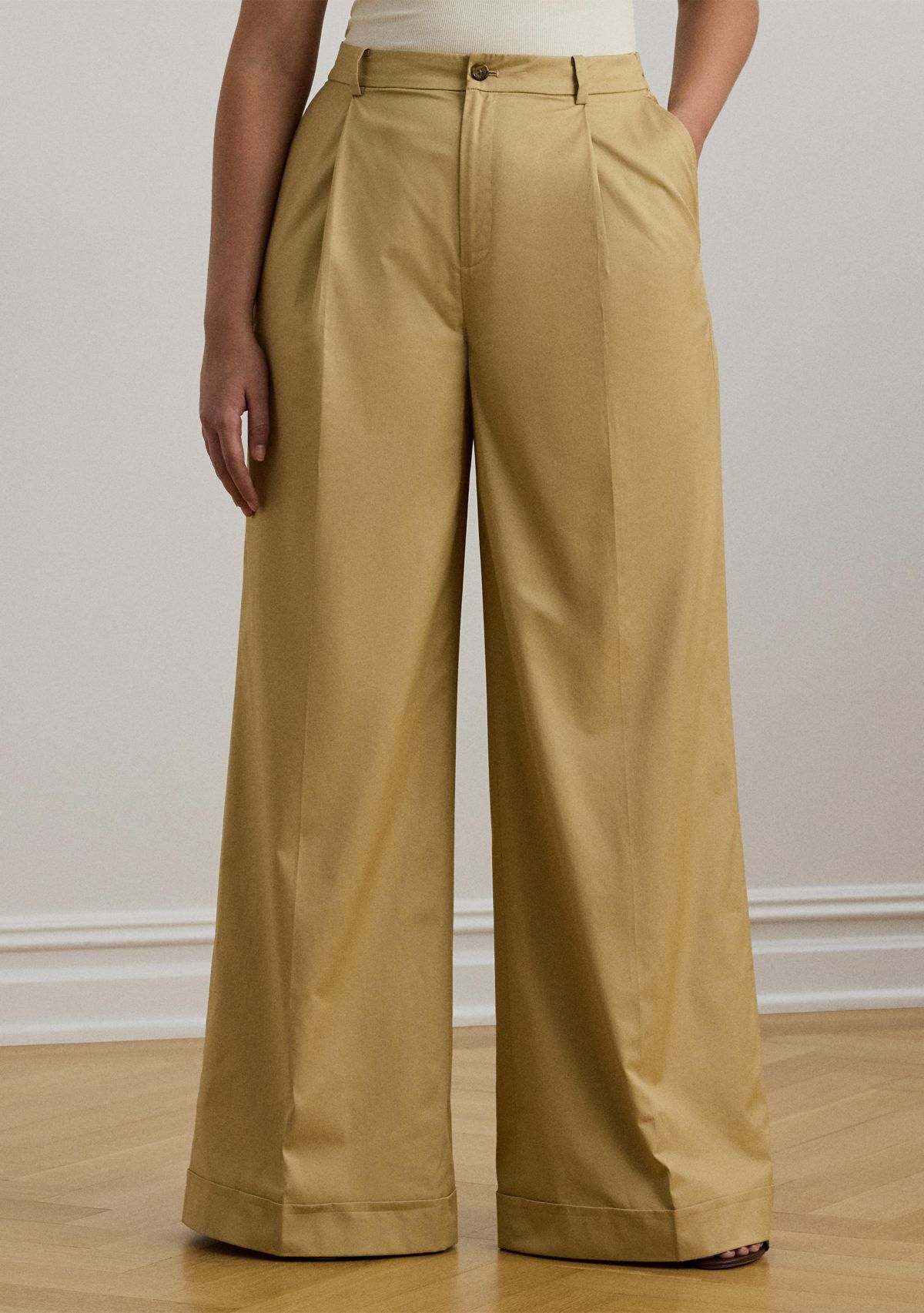 Womens Pleated Cotton Twill Wide Leg Pants