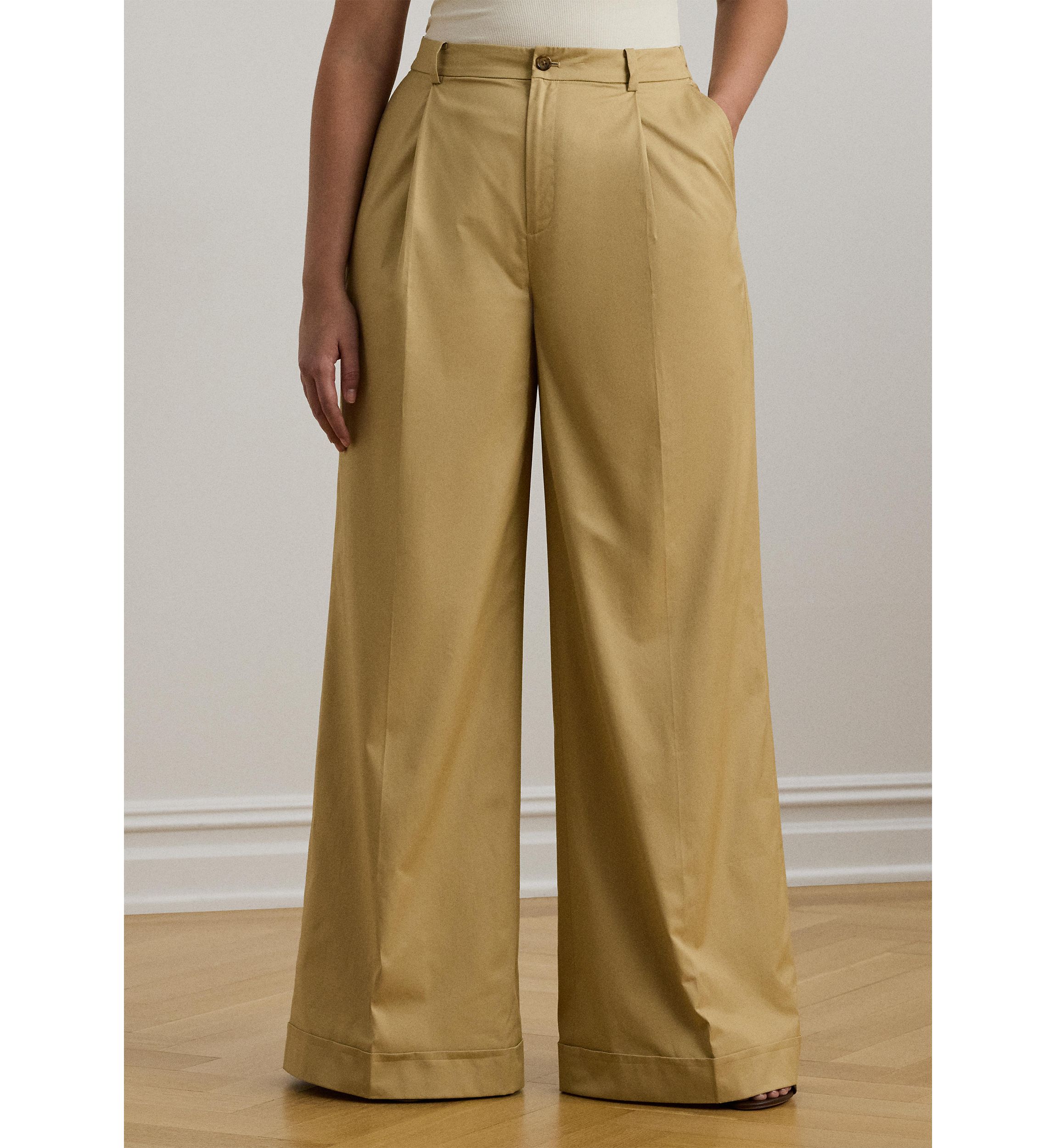 Womens Pleated Cotton Twill Wide Leg Pants