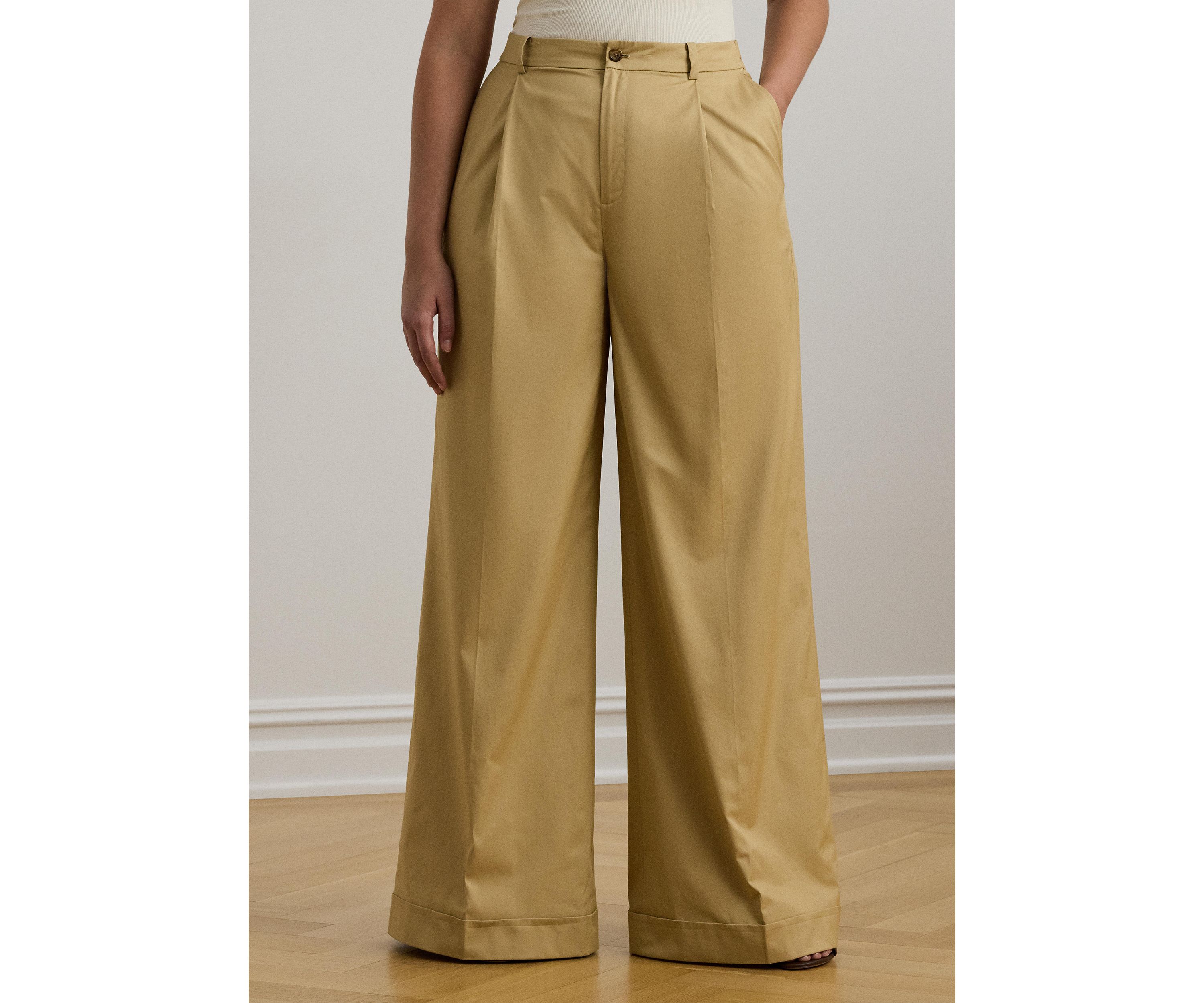 Womens Pleated Cotton Twill Wide Leg Pants