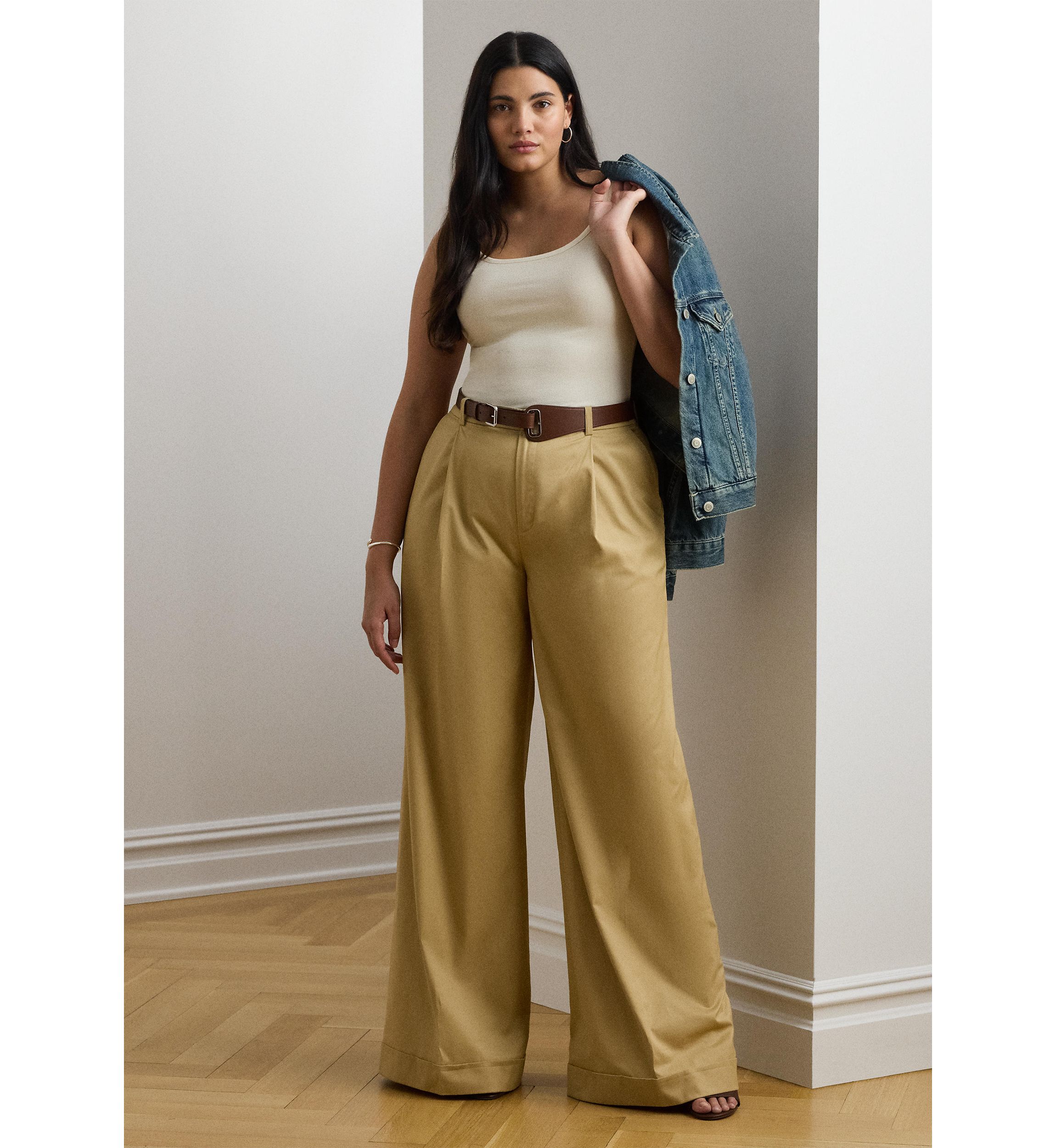 Womens Pleated Cotton Twill Wide Leg Pants
