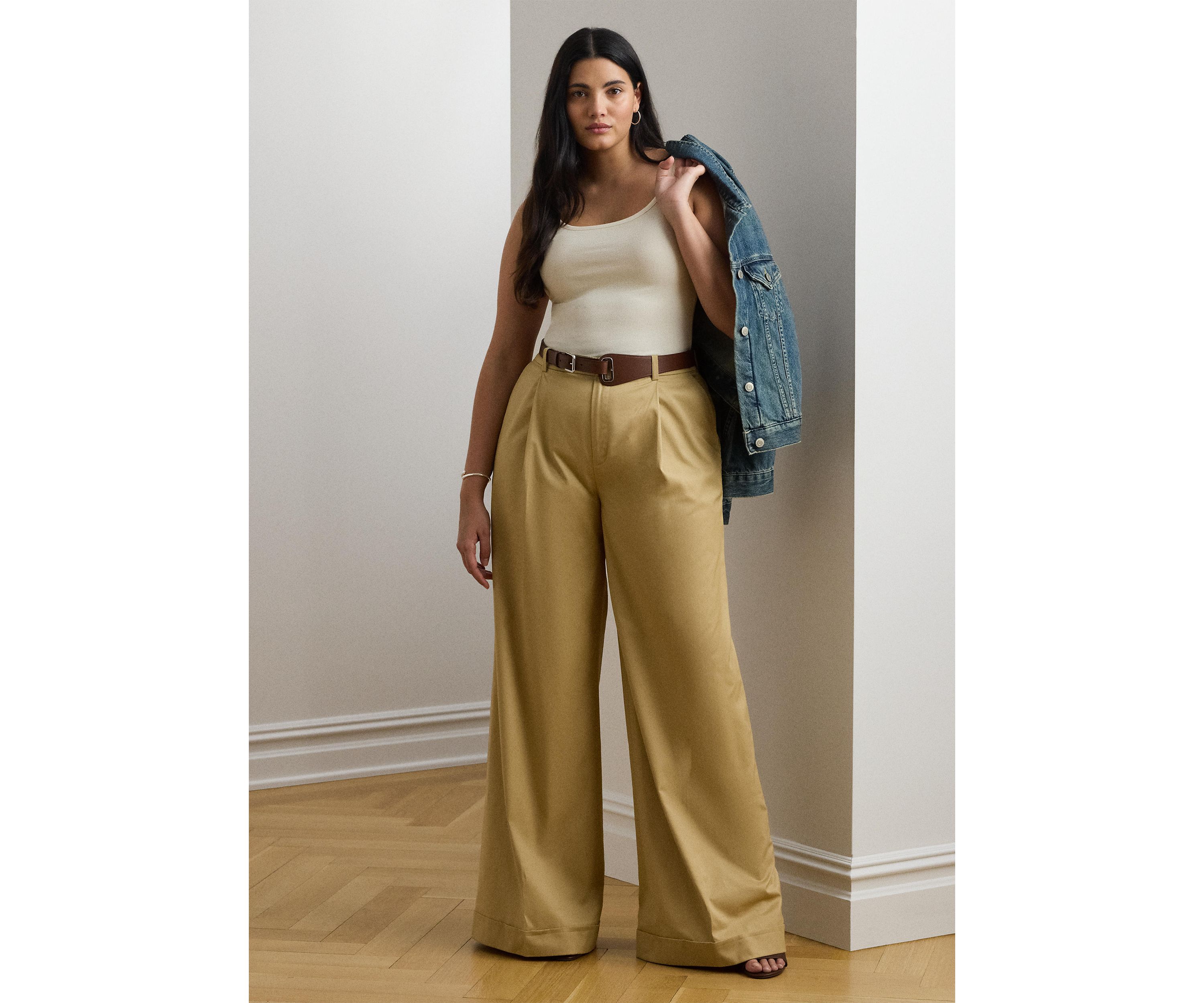 Womens Pleated Cotton Twill Wide Leg Pants