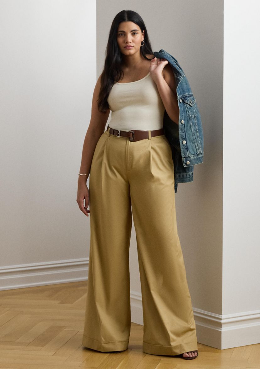 Womens Pleated Cotton Twill Wide Leg Pants
