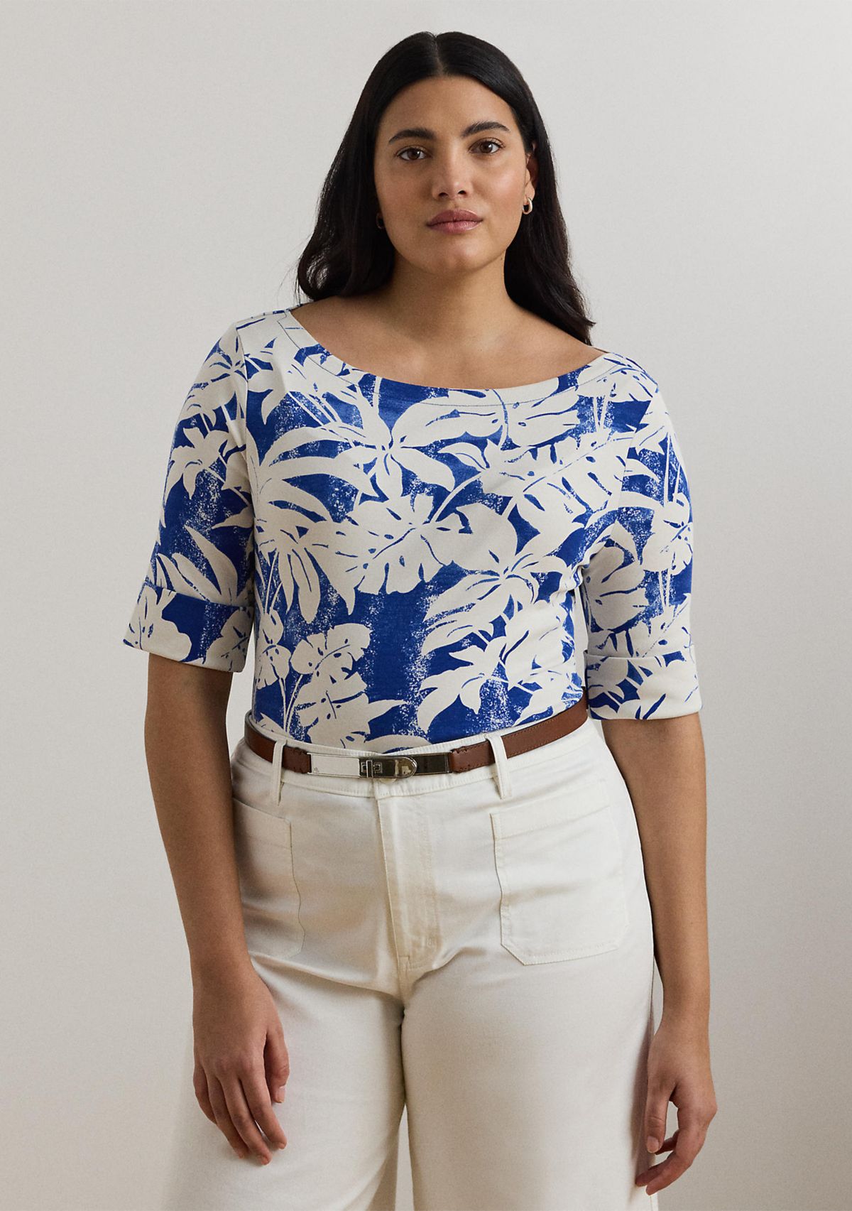 Plus Size Palm Frond Print Cotton Boat Neck T-Shirt
