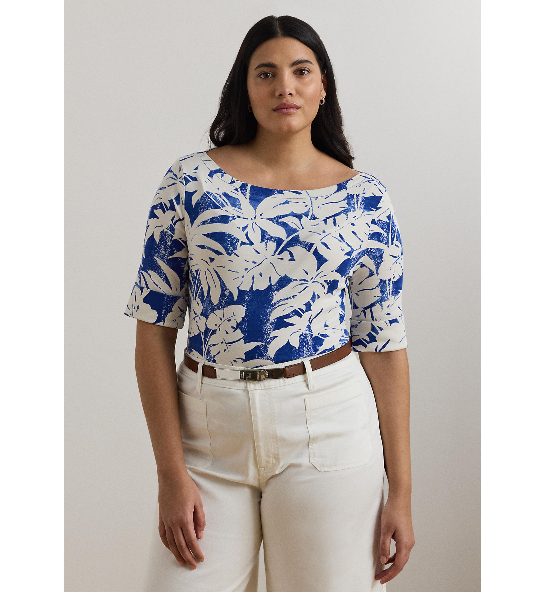 Plus Size Palm Frond Print Cotton Boat Neck T-Shirt