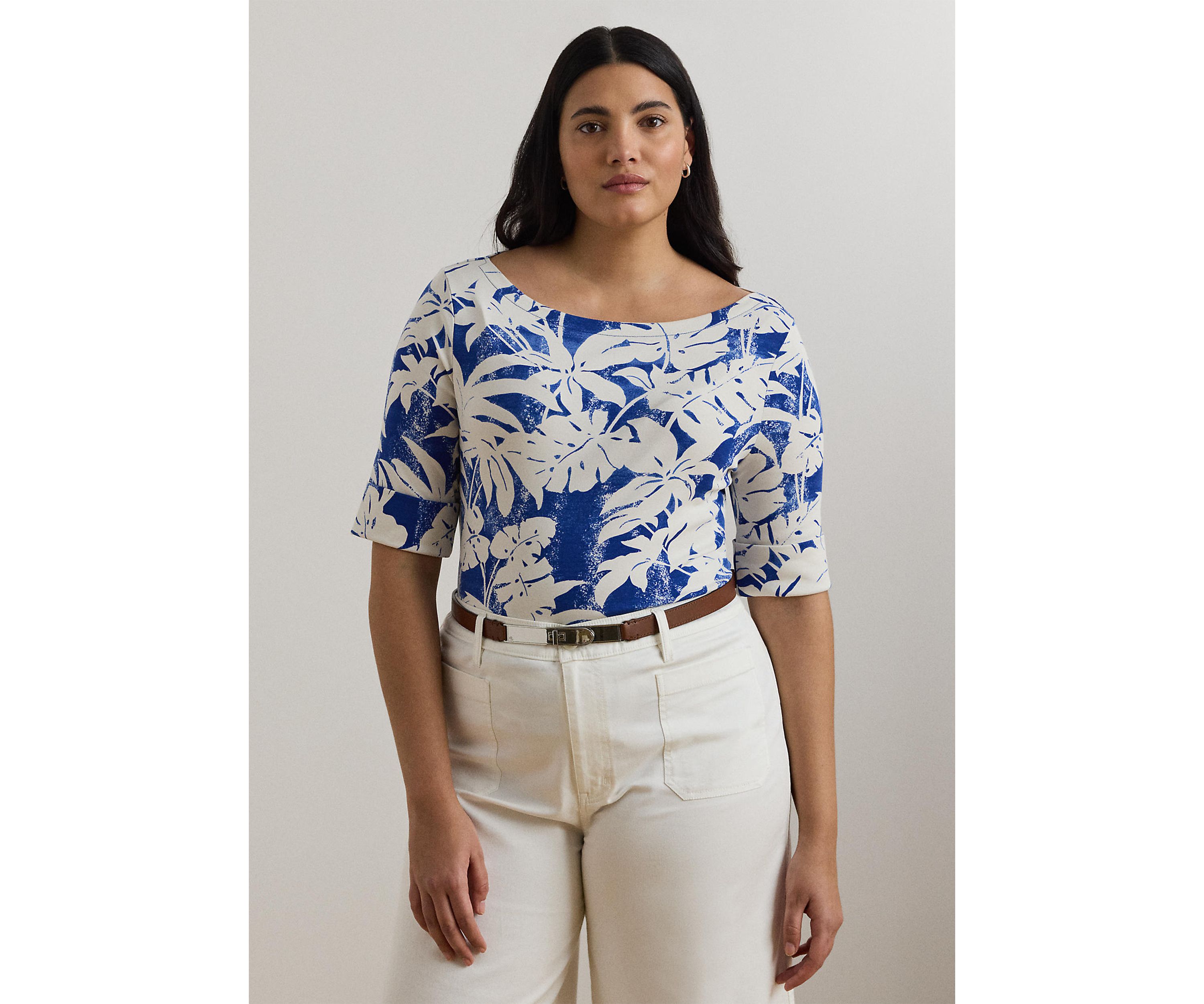 Plus Size Palm Frond Print Cotton Boat Neck T-Shirt